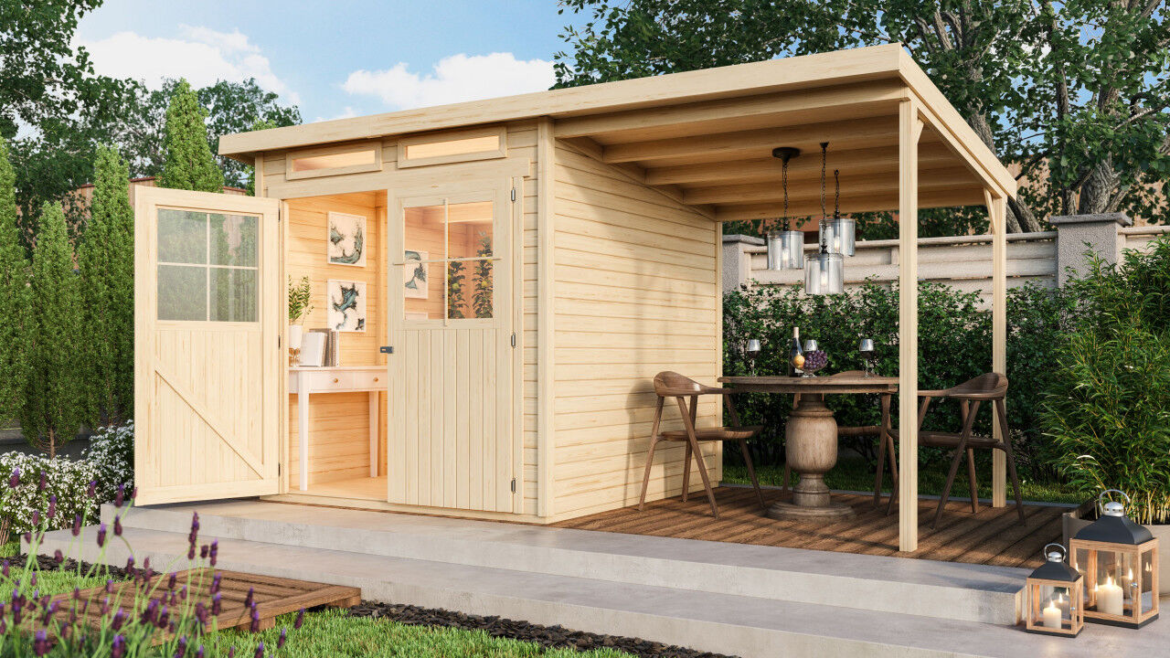 Karibu Pultdach Gartenhaus Glücksburg 3 im Set mit Anbaudach natur