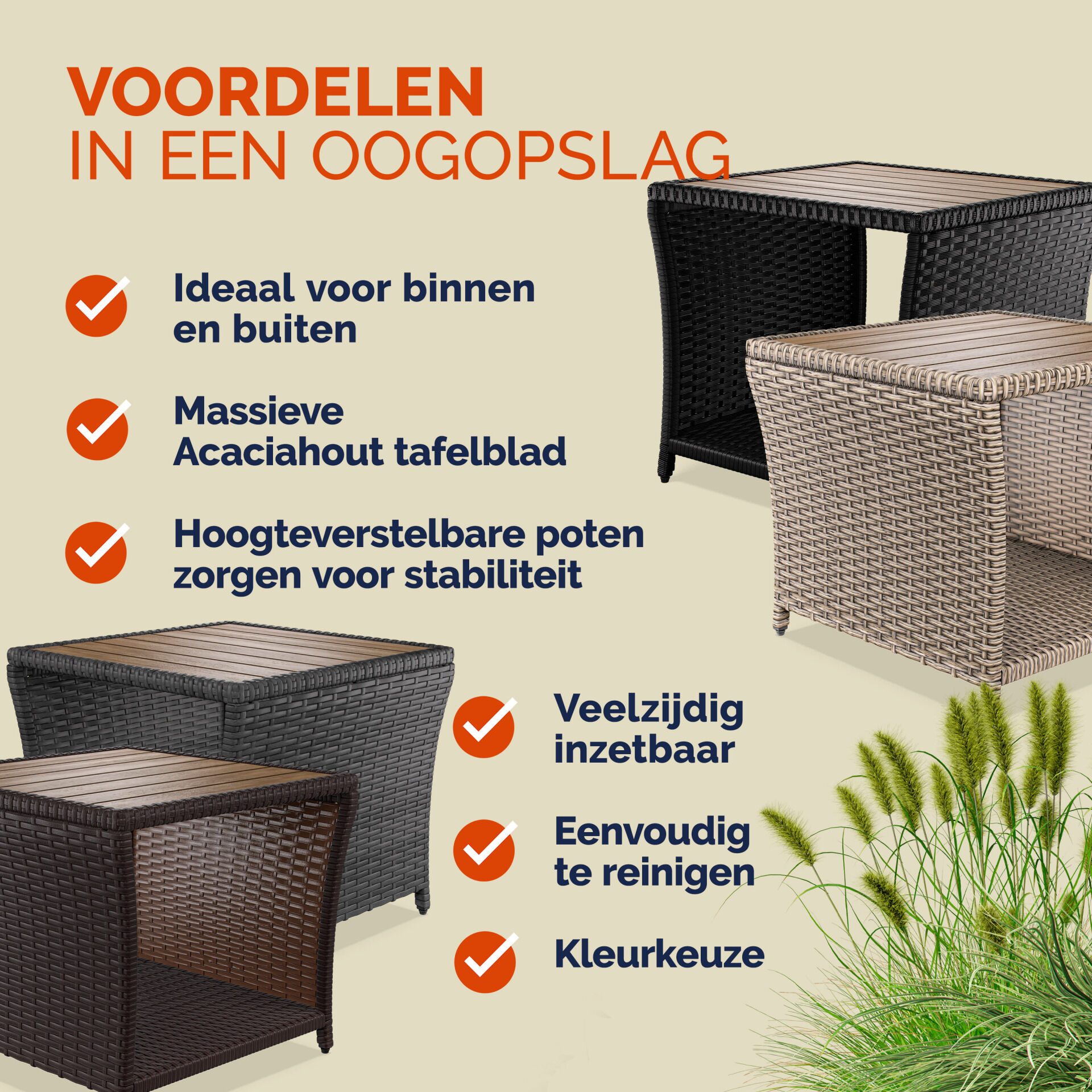 Polyrattan Beistelltisch Grau 40x45x45cm Akazienholz