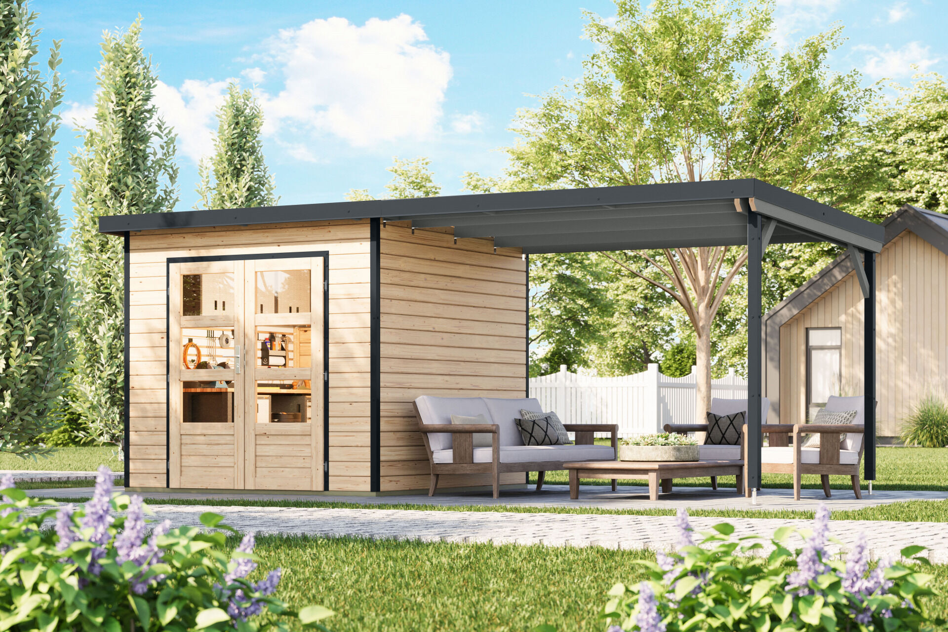 Karibu Pultdach Holz & Metall Gartenhaus Pluto 3 Set mit Anbaudach 3,07 m, naturbelassen / graualuminium