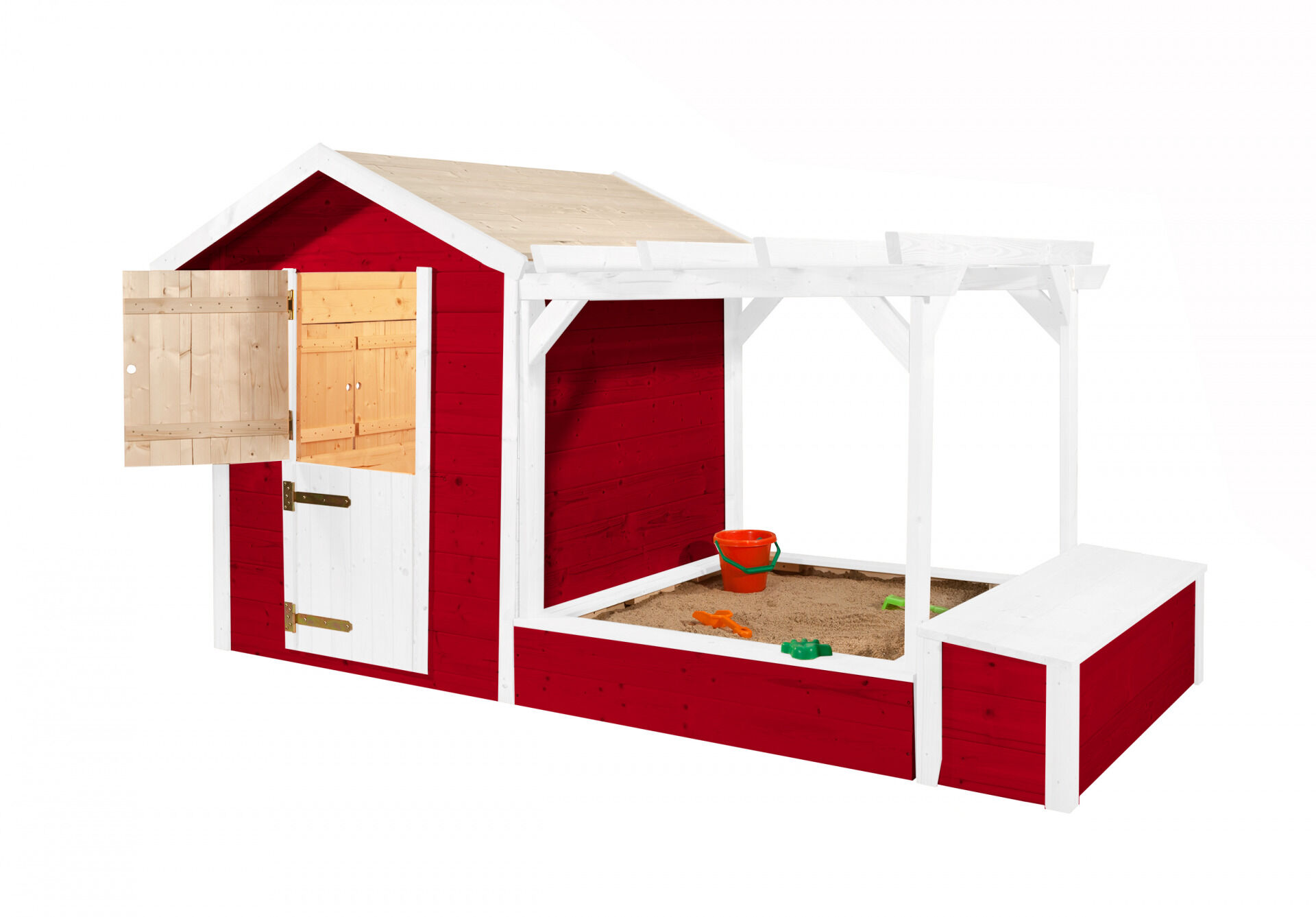 Tabaluga Spielplatz, rot/weiss, 21 mm, bestehend aus Drachenhöhle, Sandkasten, Pergola und Schatztruhe mit Deckel