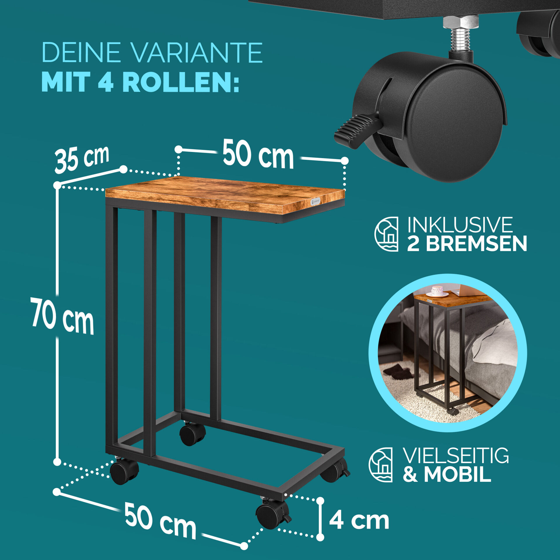 Beistelltisch Schwarz unterfahrbar 50x35x65/70cm mobil Rollen mit Bremse