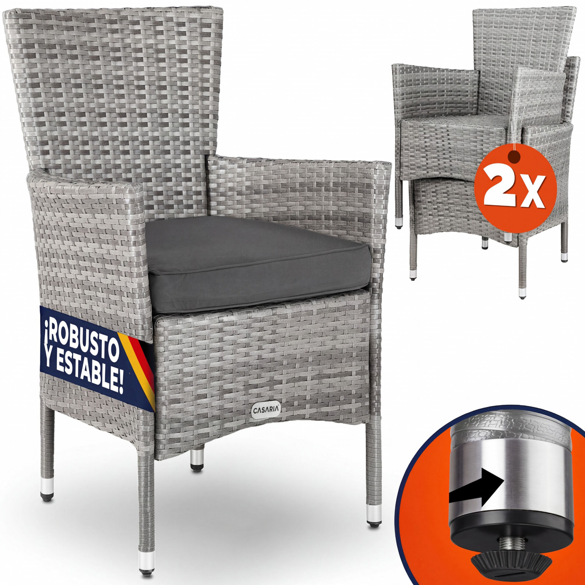 Polyrattan Gartenstuhl 2er-Set Grau/Anthrazit stapelbar | DB-109137