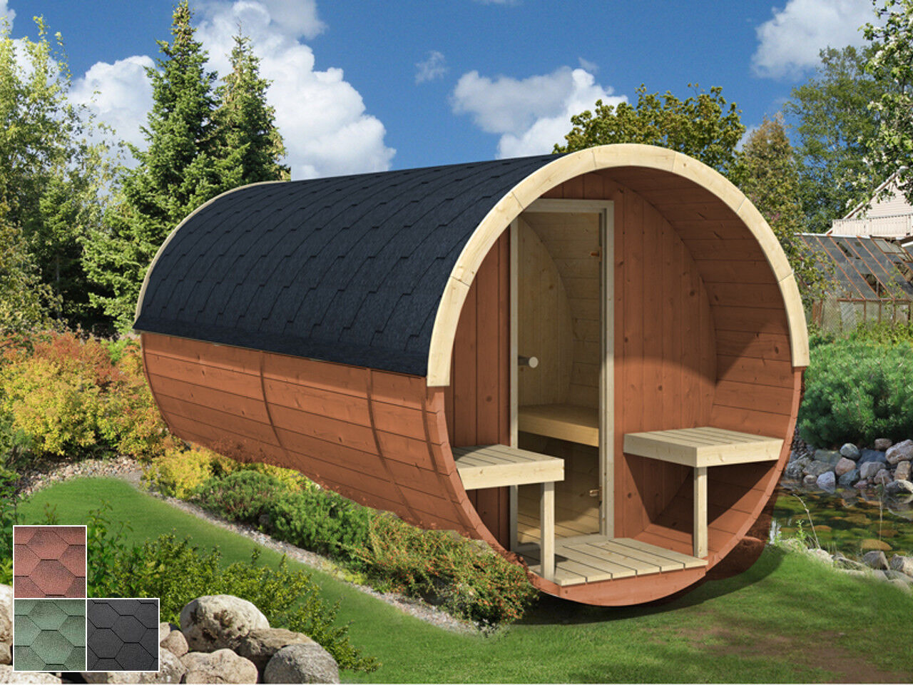 Finn Art Fass-Sauna Jori aus Thermoholz mit Außenbänken im Garten