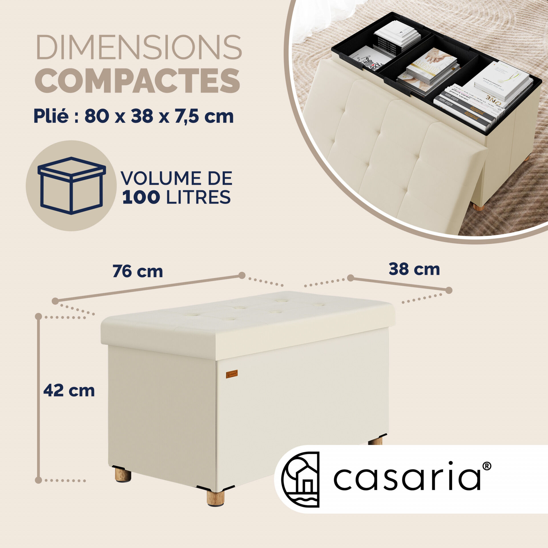 Sitzbank Beige Samt 76x38x42cm mit Stauraum faltbar