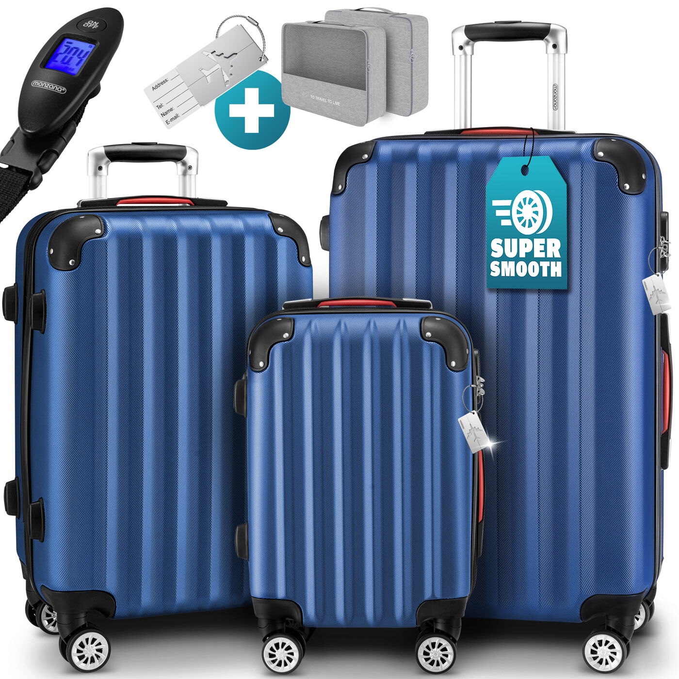 Hartschalenkoffer Set 3-tlg mit Zubehör Rollen 360º Blau ABS