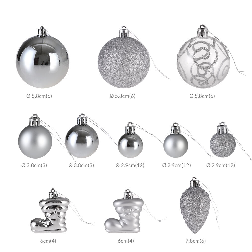Weihnachtskugeln Silber 102-tlg in matt glänzend + glitzernd