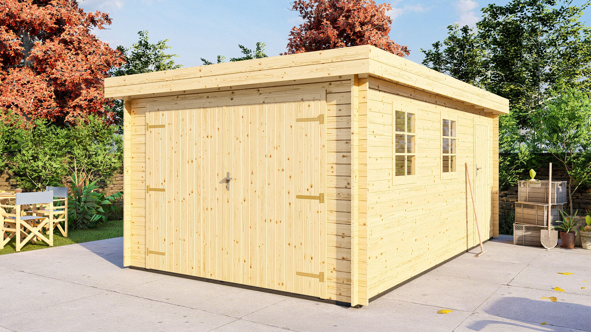 Flachdach Holzgarage Schweden 51 – 28 mm Blockbohlen Garage mit Seitentür & Doppeltor