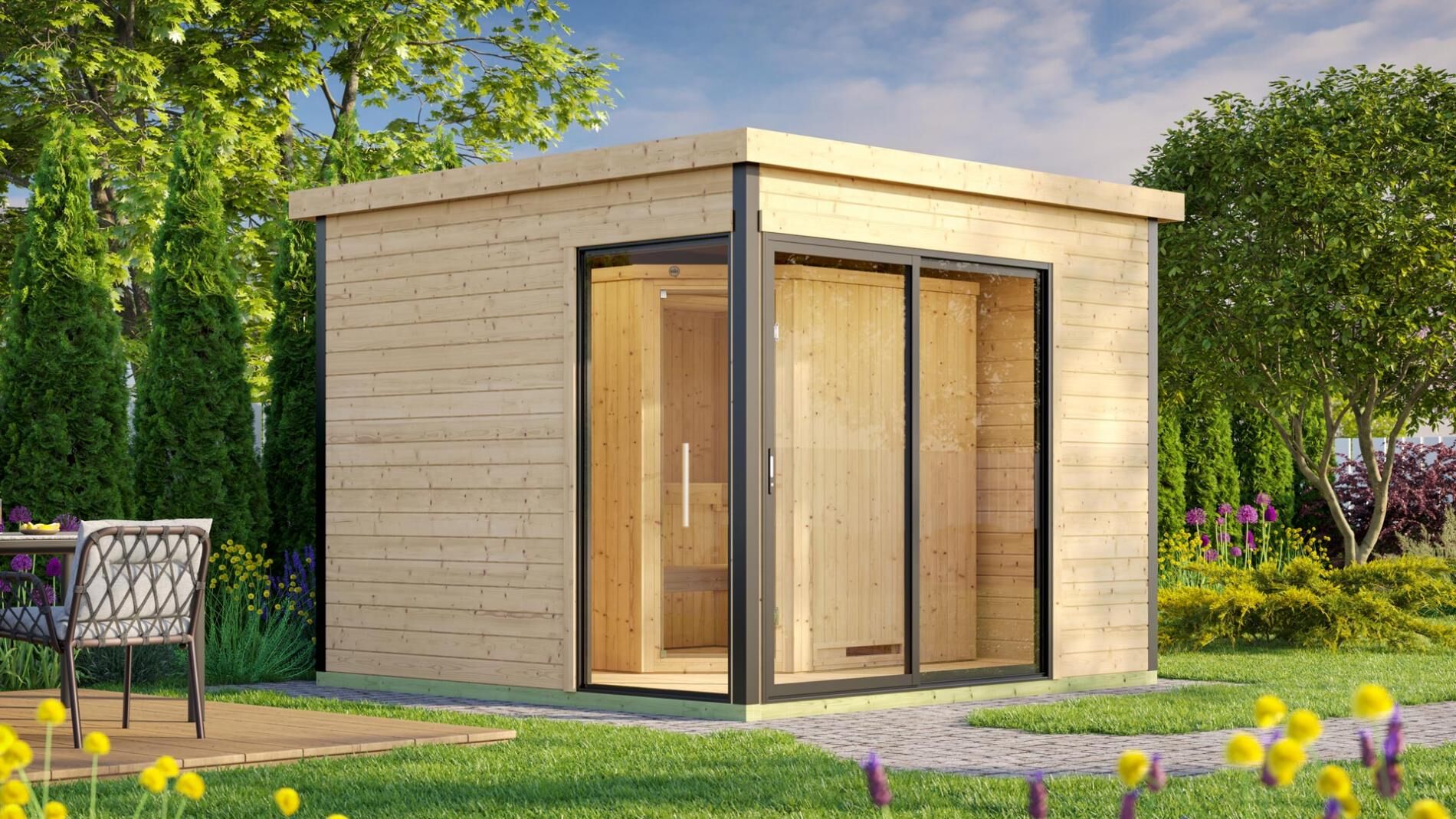 Design-Saunahaus SH 412, Natur, 9,0 kW Ofen Klassik Kompakt int. Steuerung Steine & Kabel, ohne Beleuchtung