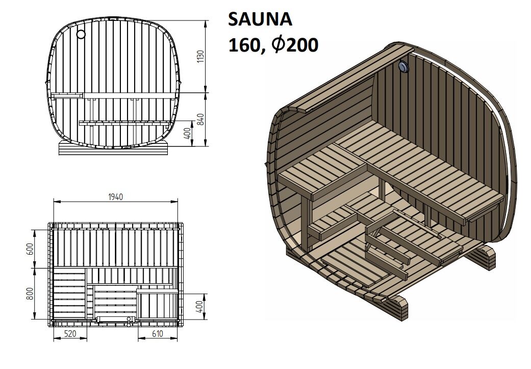 Zeichnung Finn Art Fasssauna Saunacube 160