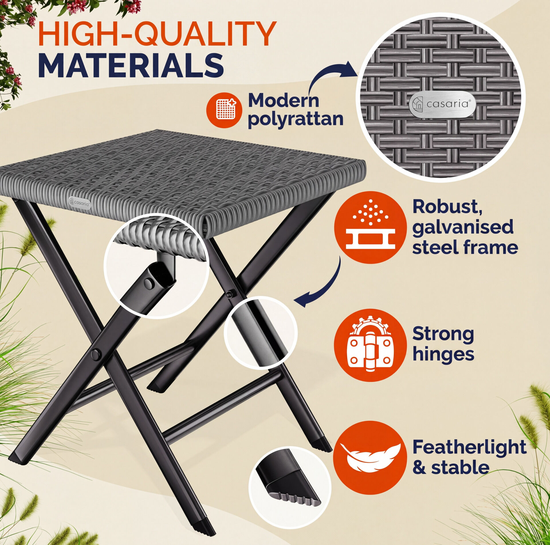 Polyrattan Klapphocker Anthrazit 3in1 120kg Belastbarkeit 43x40x44cm klappbar leicht tragbar außen wetterfest