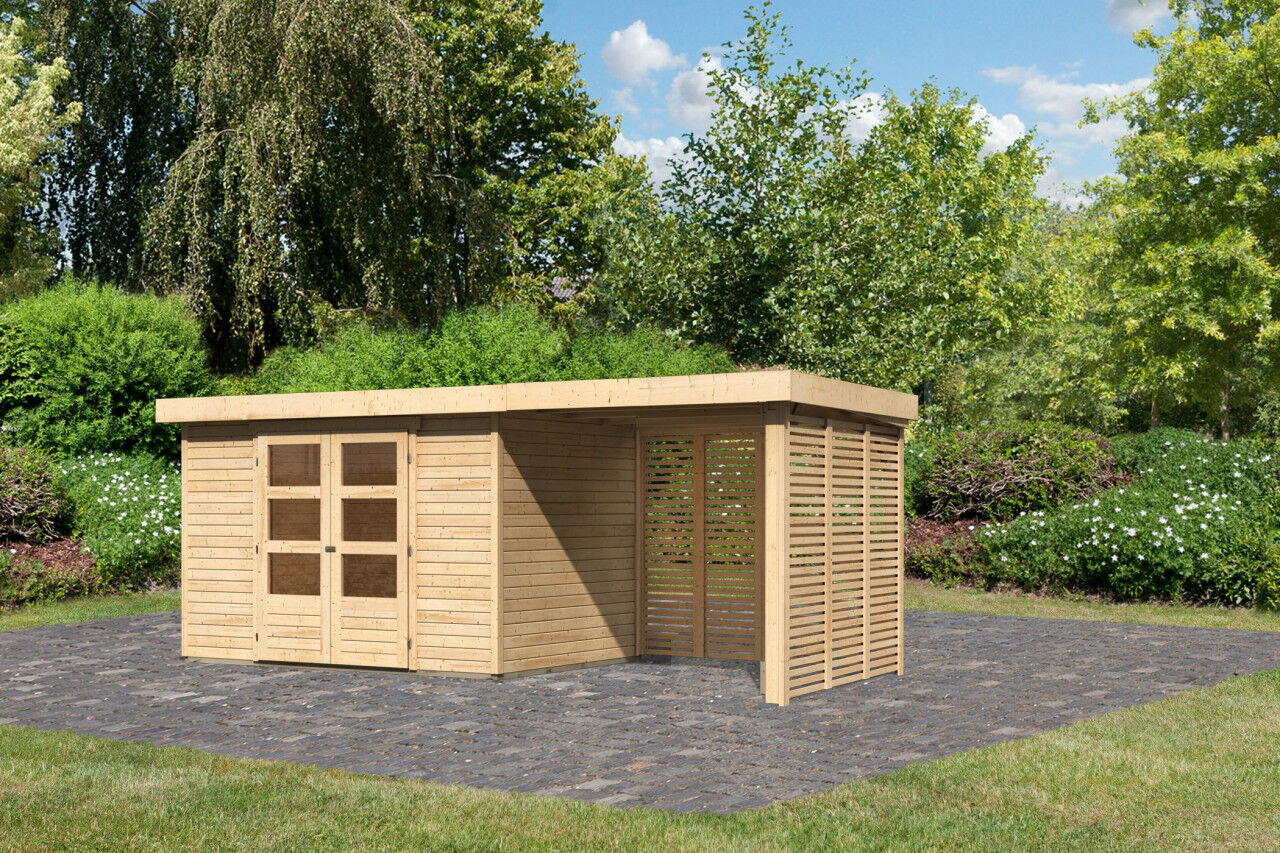 Flachdach Gartenhaus Askola 4 im Set mit Anbaudach 2,40 m und Feuerholzoption natur