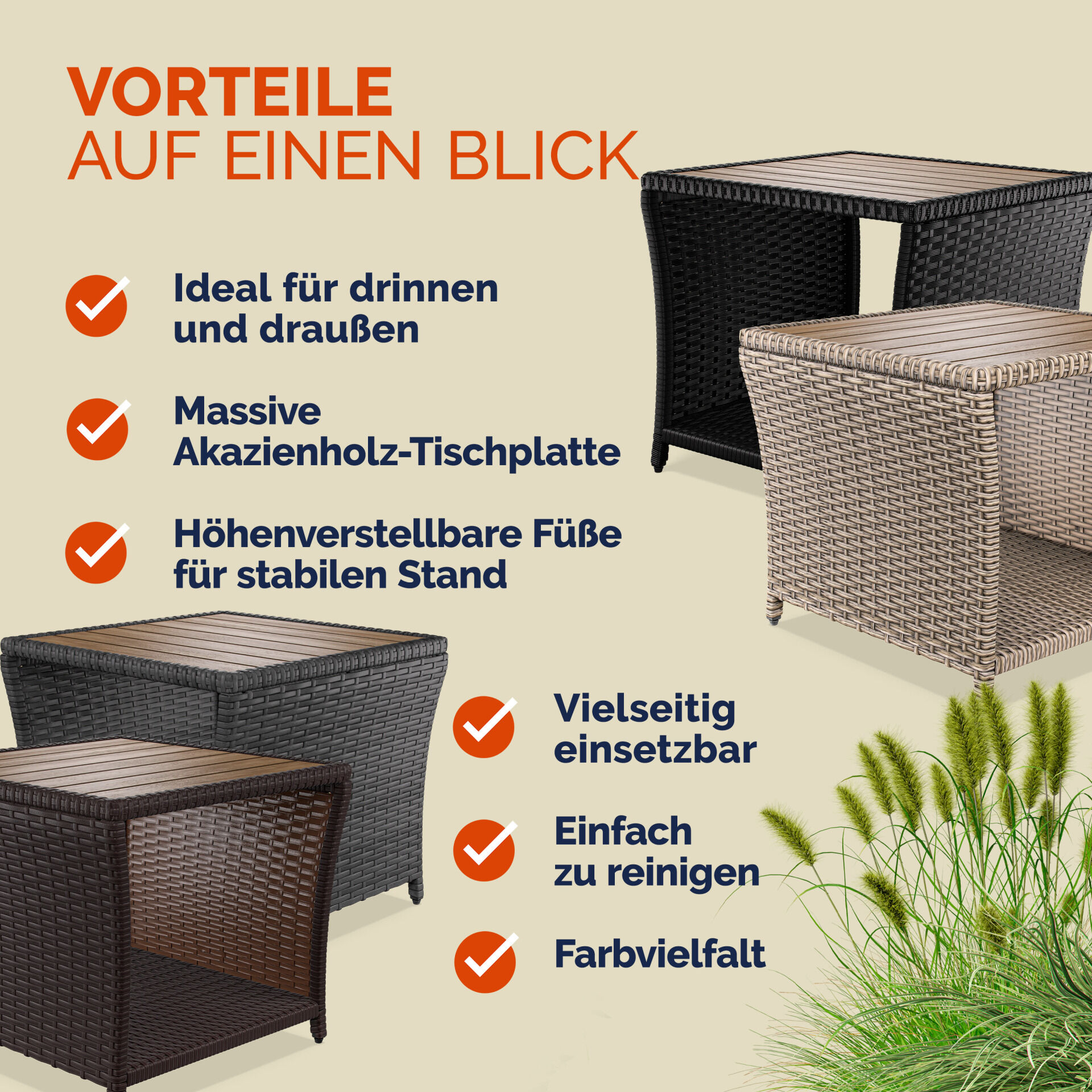 Polyrattan Beistelltisch Creme 40x45x45cm Akazienholz
