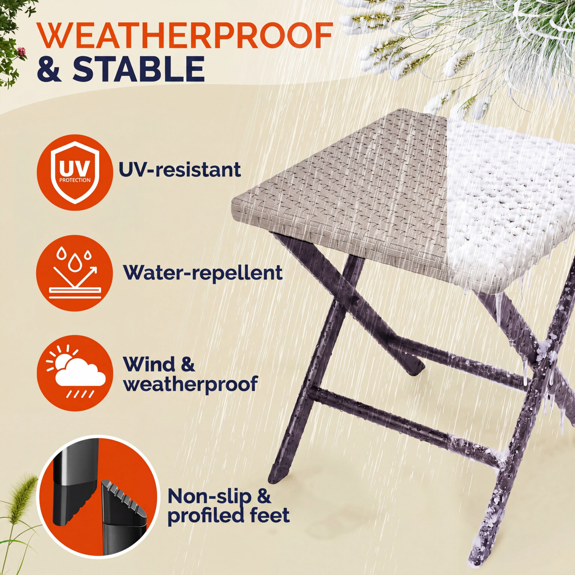 Polyrattan Klapphocker Creme 3in1 120kg Belastbarkeit 43x40x44cm klappbar leicht tragbar außen wetterfest