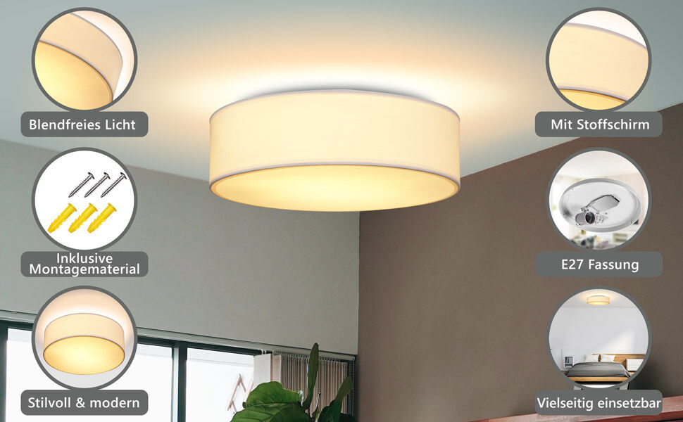Deckenlampe Weiß Stoff Ø30cm