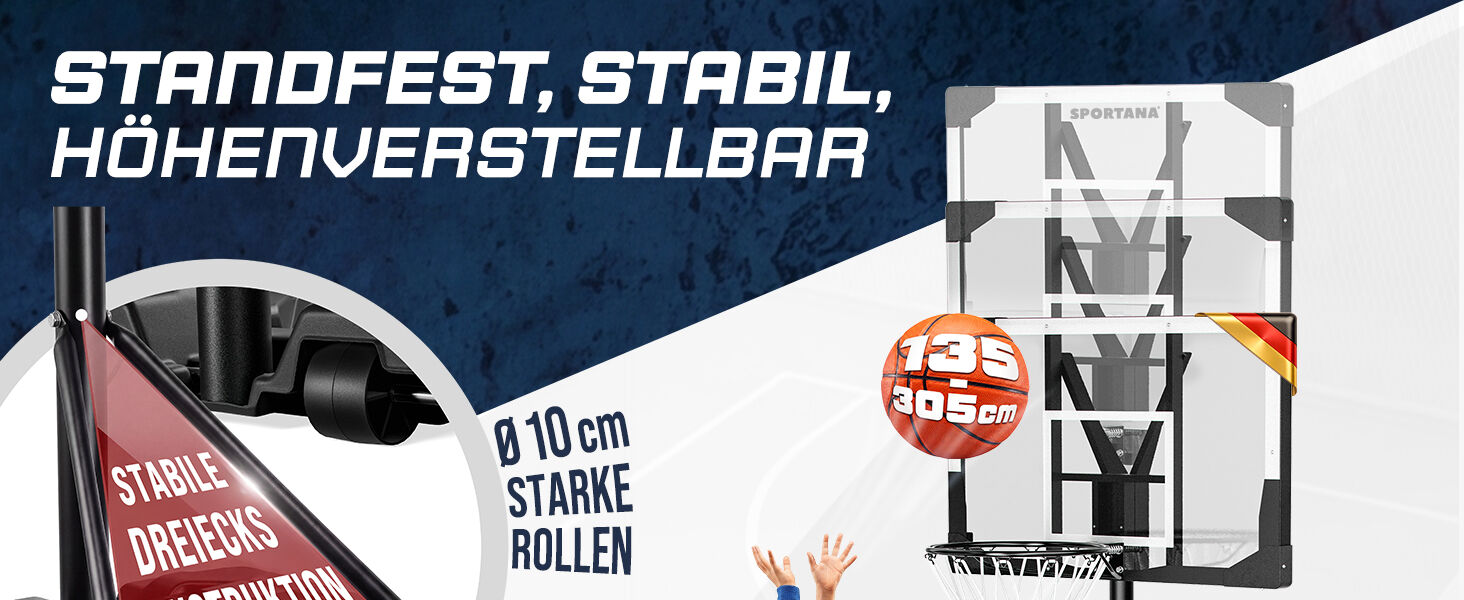 Basketballkorb Outdoor höhenverstellbar 135 –305 cm stabil wetterfest mit Ständer 60 kg Sockel Rollen