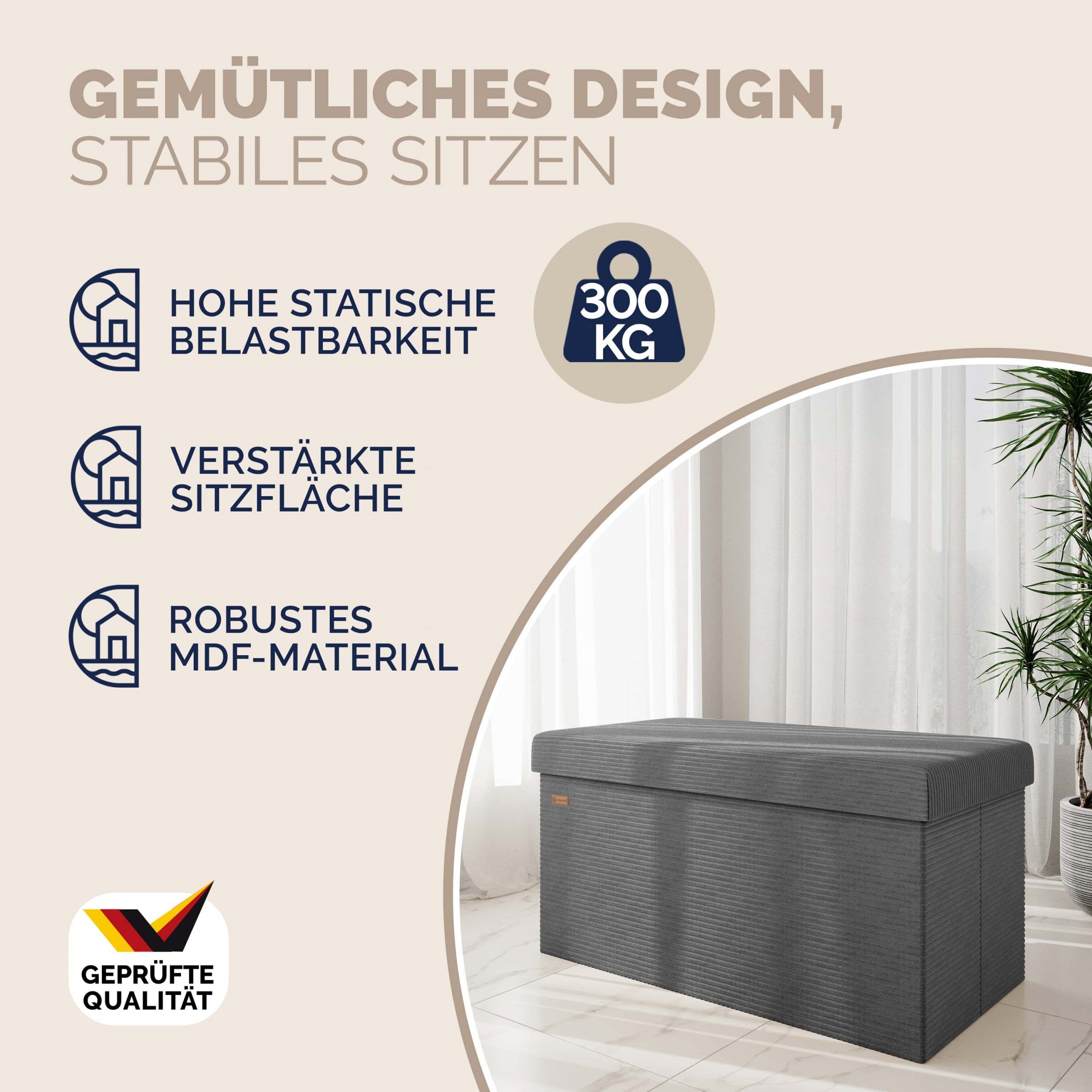 Sitzbank Anthrazit Cord 76x38x38cm MDF faltbar