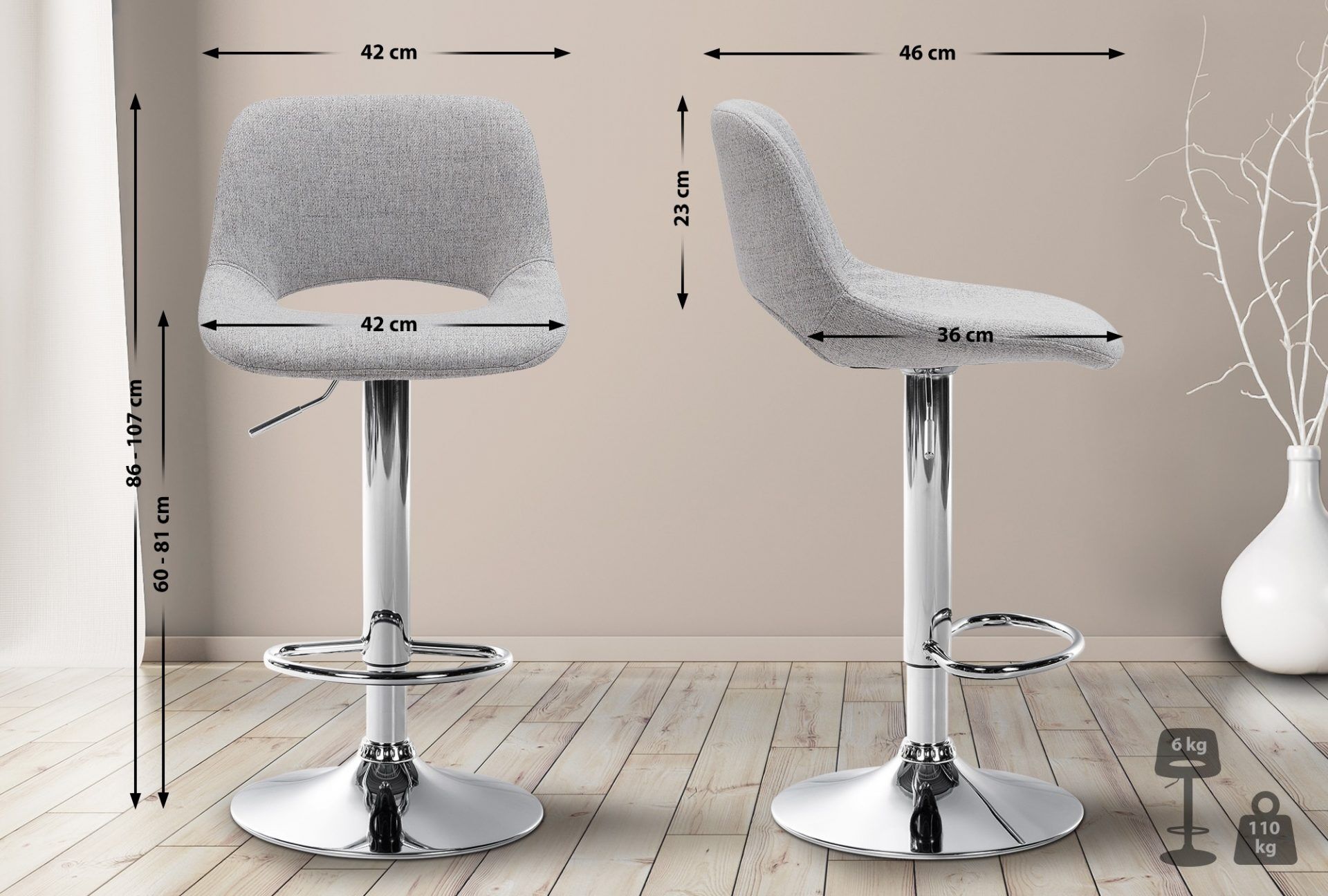 2er Set Barhocker Camden Stoff chrom, hellgrau
