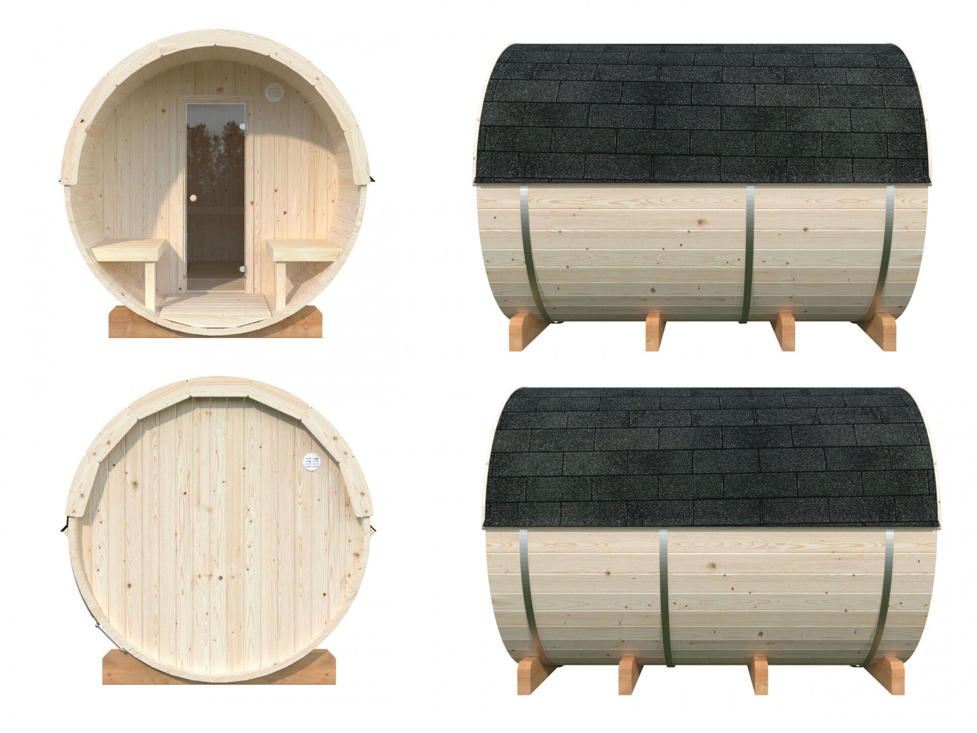 Palmako Saunafass Anita 1,6+0,7 m², Ansichten von Vorne, Seiten und Hinten