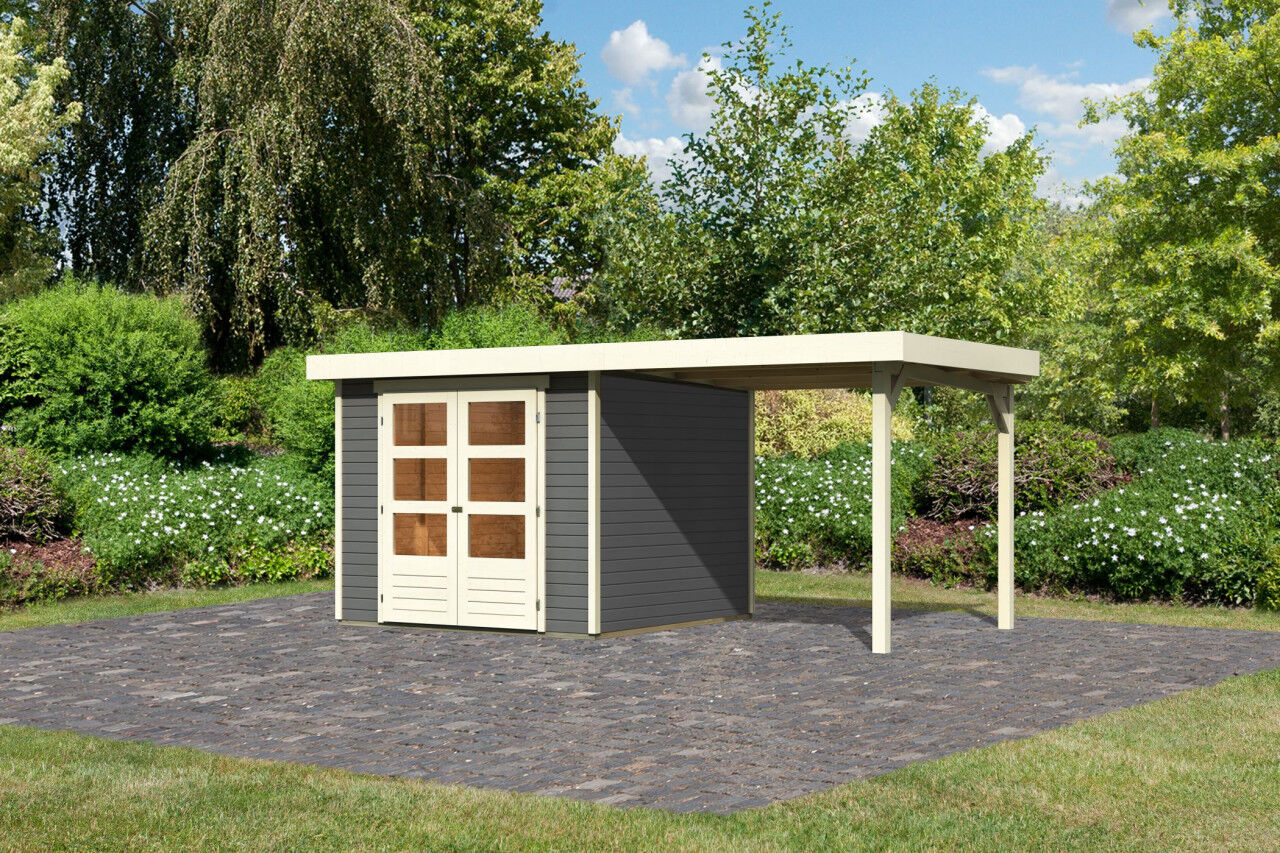 Karibu Gartenhaus Askola 3,5 Set mit Anbaudach 2,4m, naturbelassen