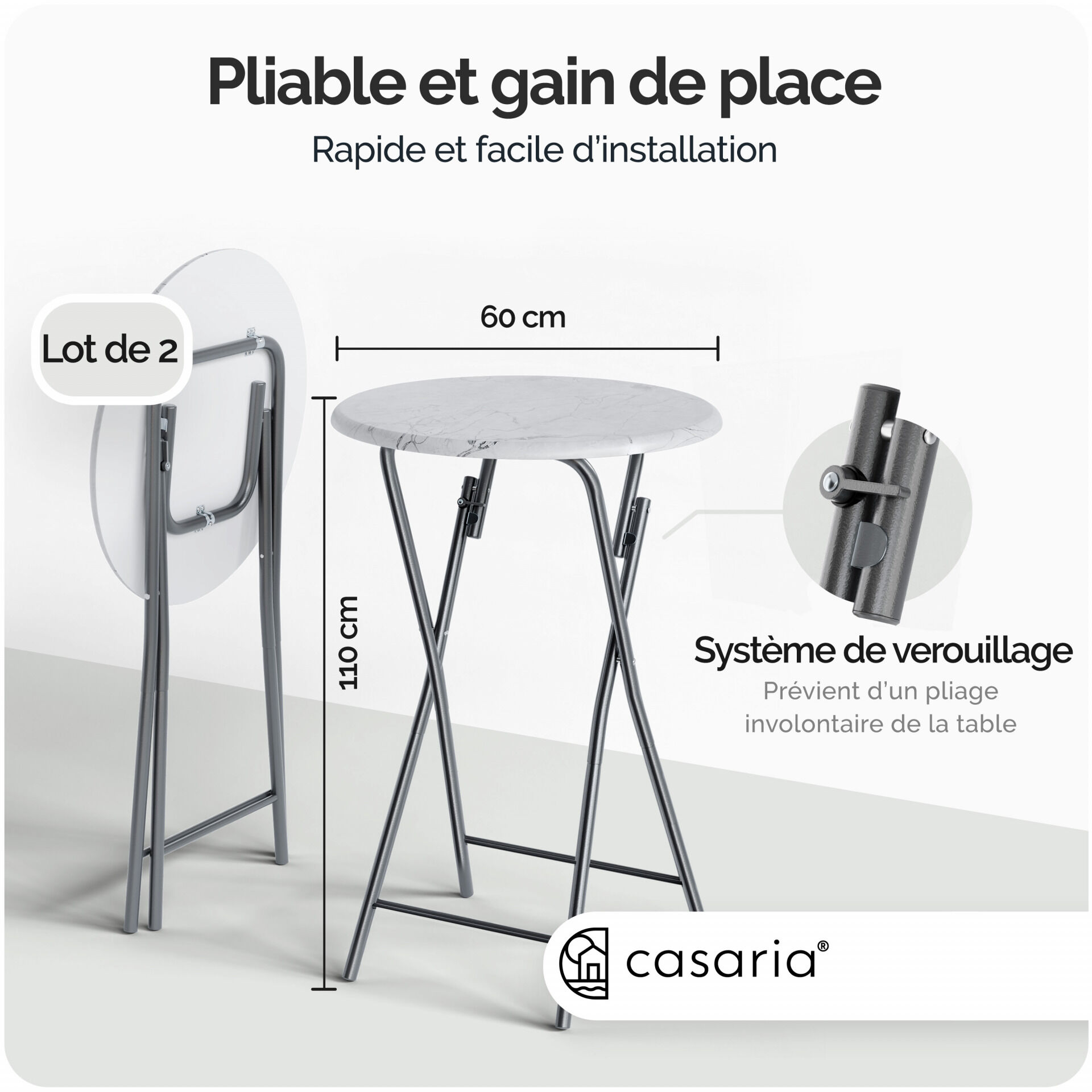 Stehtisch 2er-Set klappbar Ø60cm Marmoroptik Weiß 110cm Höhe
