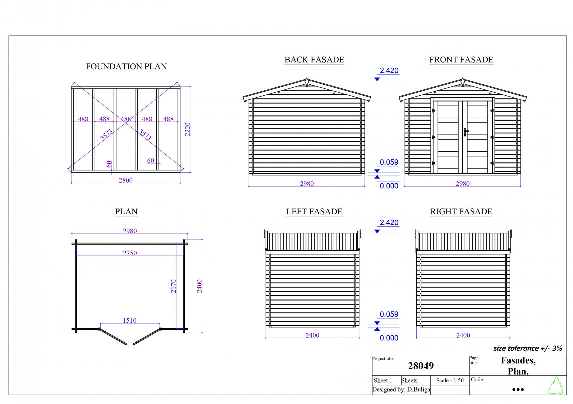Gartenhaus Funny 11 298×240 cm 28 mm Blockbohlen mit Doppeltür