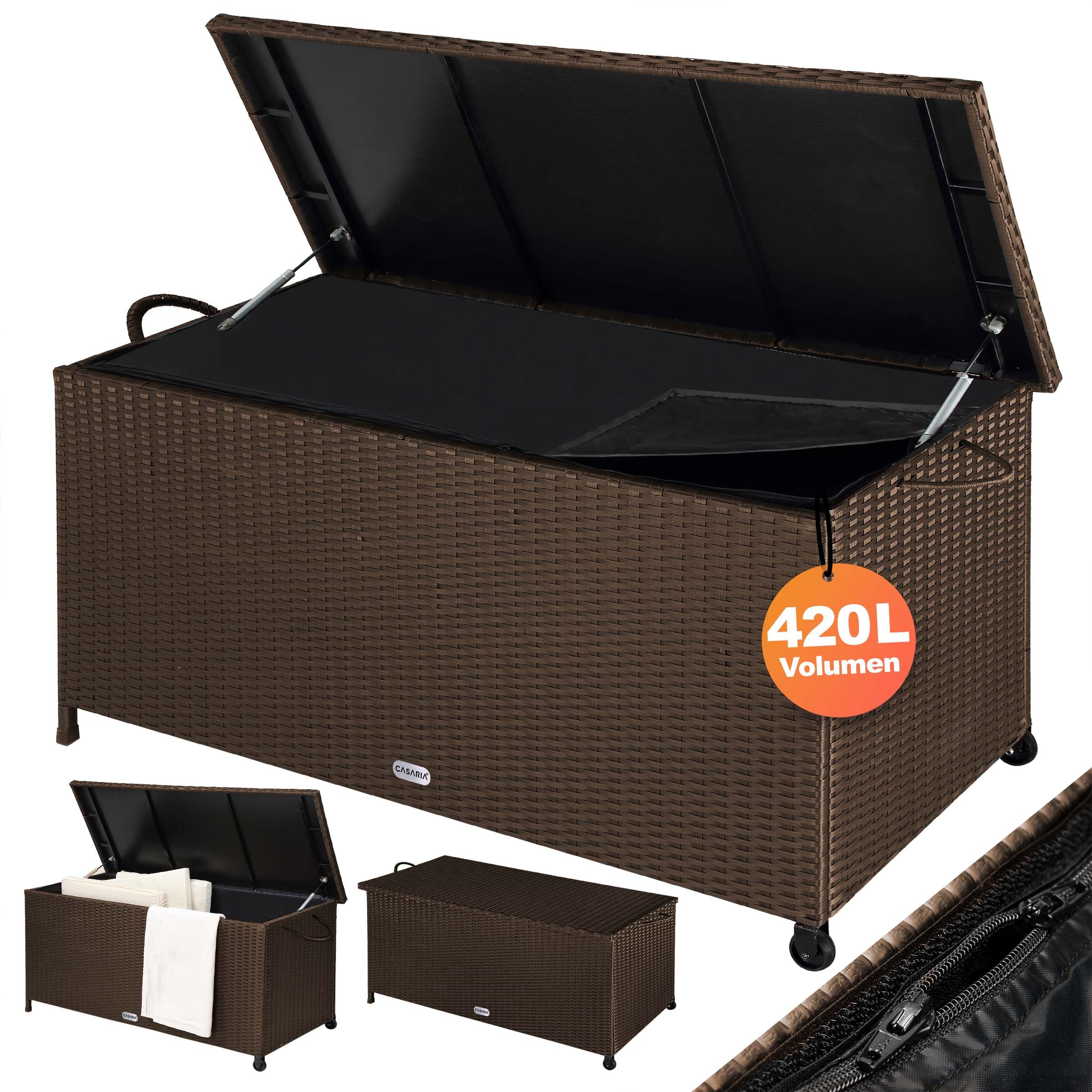 Gartenbox Polyrattan Braun 117x53x60cm mit Griffen + Rollen