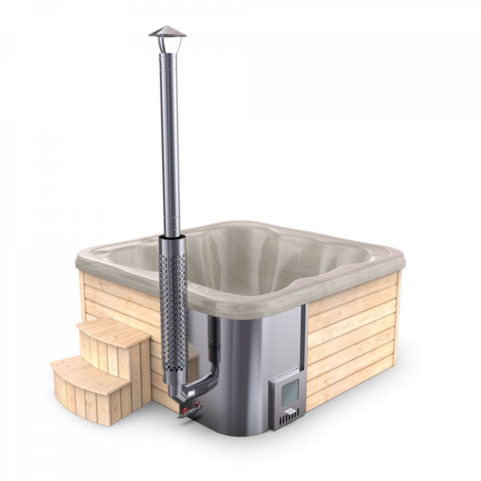 SPANOVA Hot Tub Premium 220 – Fichte Whirlpool mit integriertem Holzofen & Acrylwanne, Weiß marmoriert, Holzofen - 35kw V2A