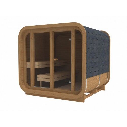 Fasssauna Premium Quadro 2.3x2.3 frontale und seitliche Ansicht rechts