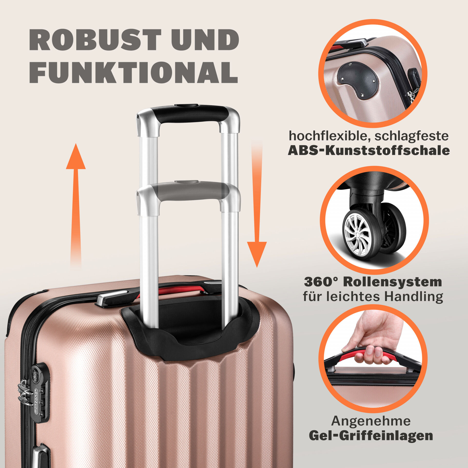 Hartschalenkoffer Set 4-tlg mit Zubehör Rollen 360º Rosé ABS