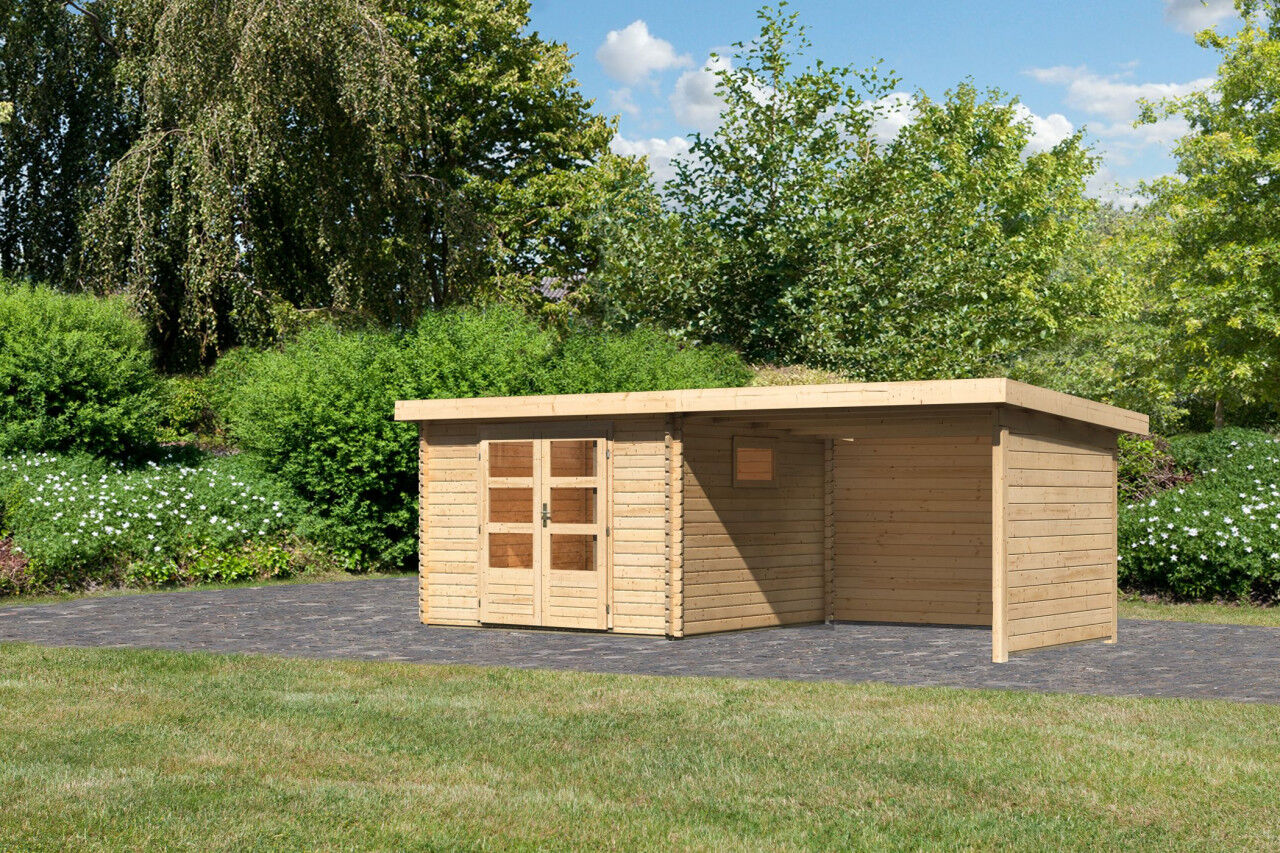 Pultdach Gartenhaus Trittau 3 im Set mit Anbaudach 3,3 m natur