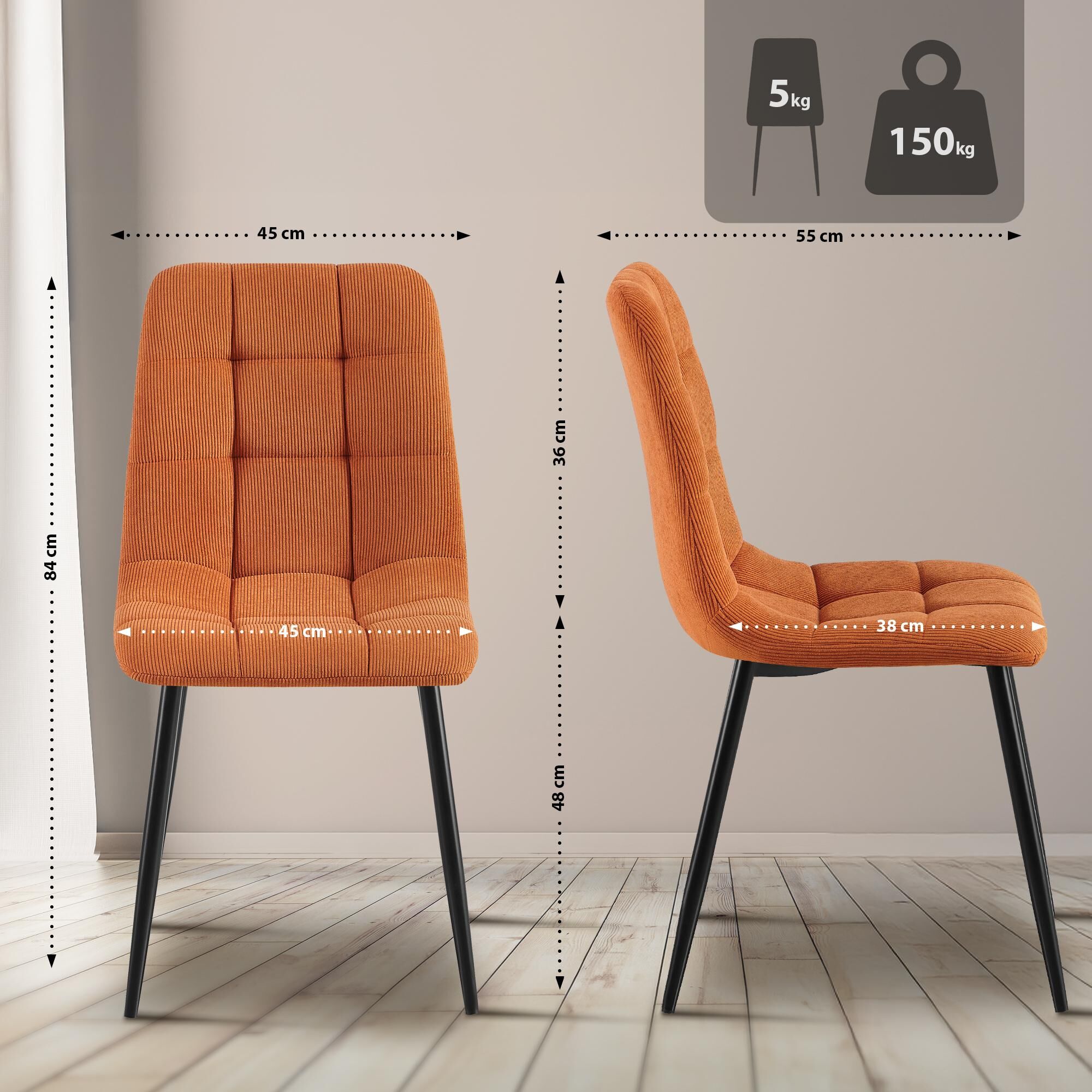 2er Set Esszimmerstuhl Tilde Cord, orange