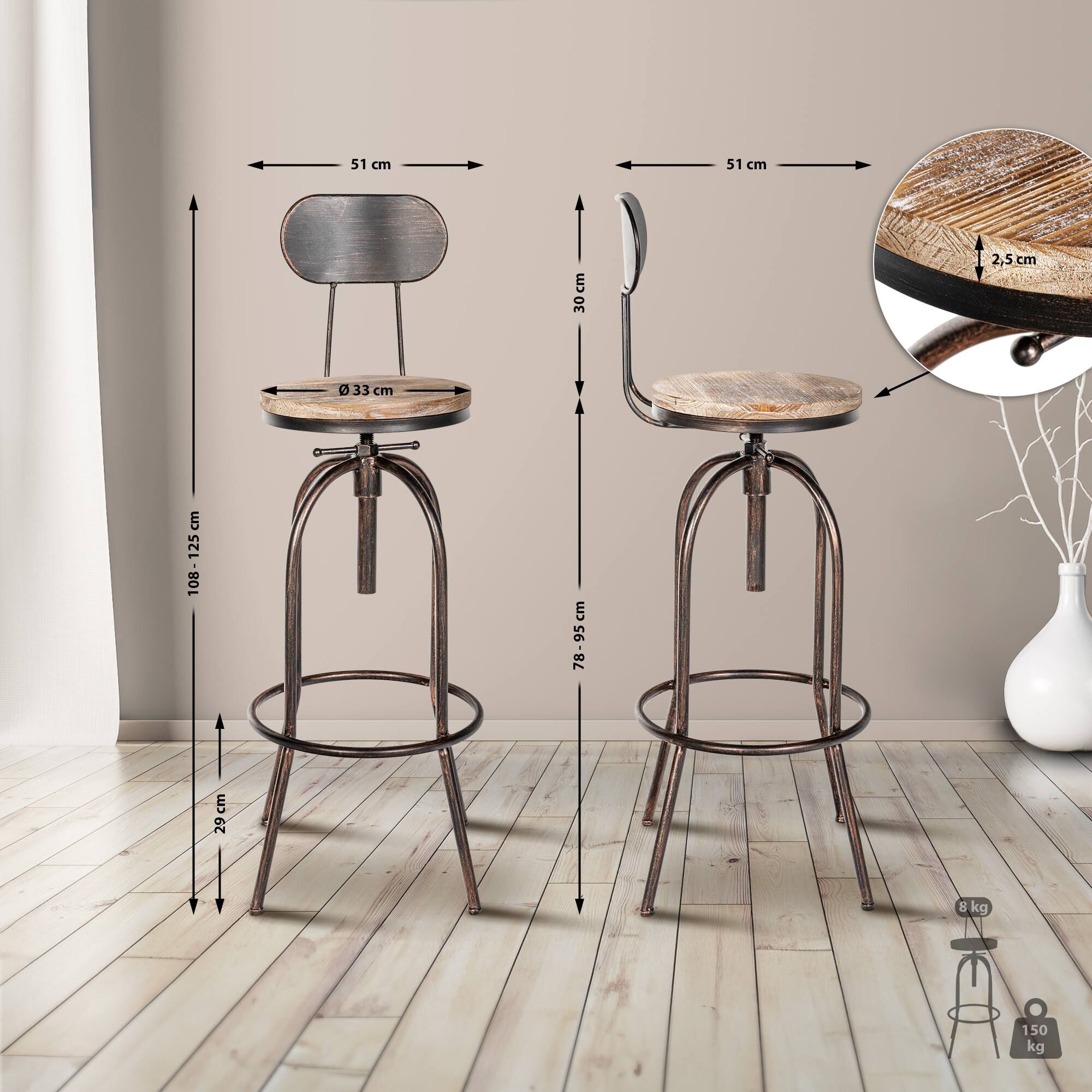 Barhocker Pino, Holz, bronze