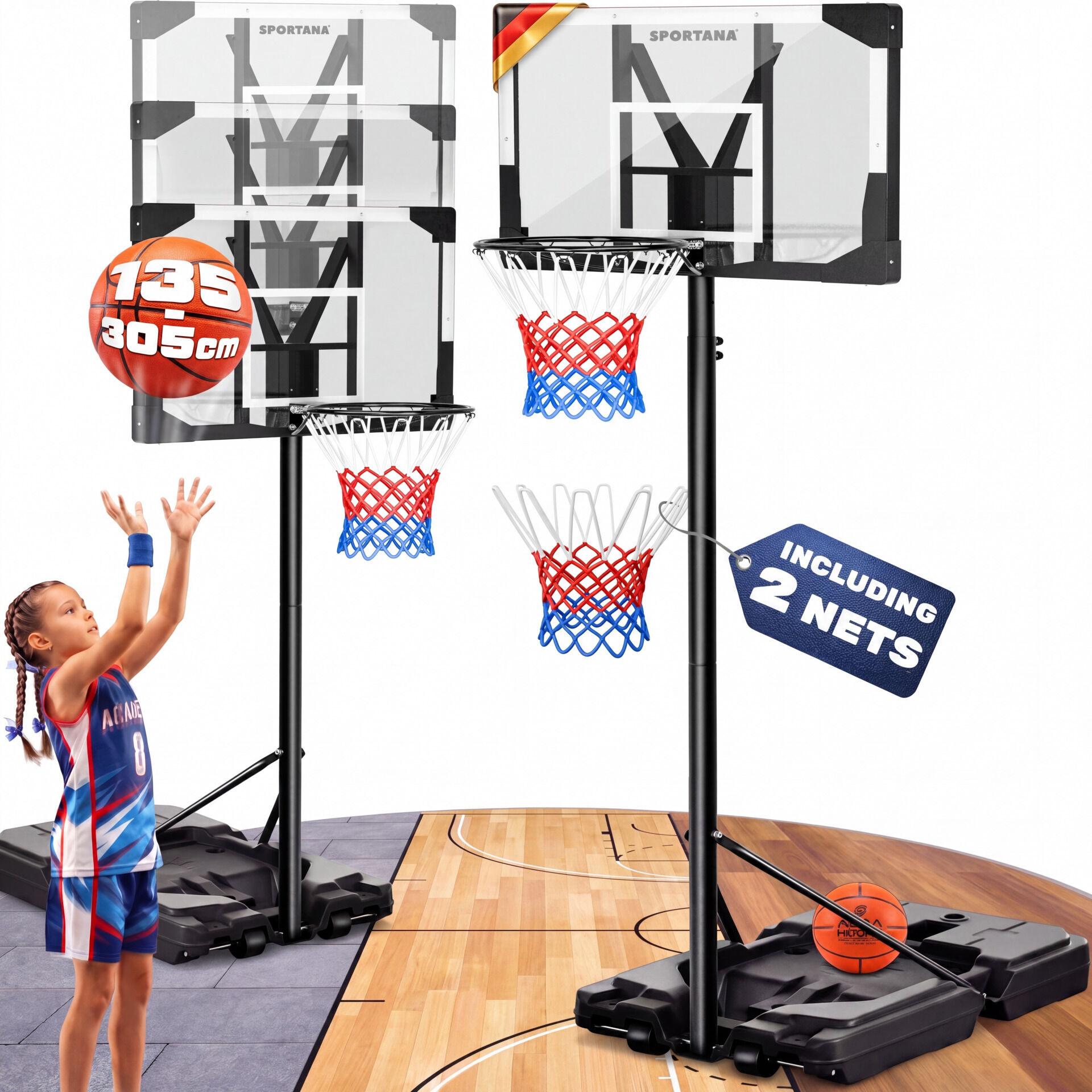 Basketballkorb Outdoor höhenverstellbar 135 –305 cm stabil wetterfest mit Ständer 60 kg Sockel Rollen