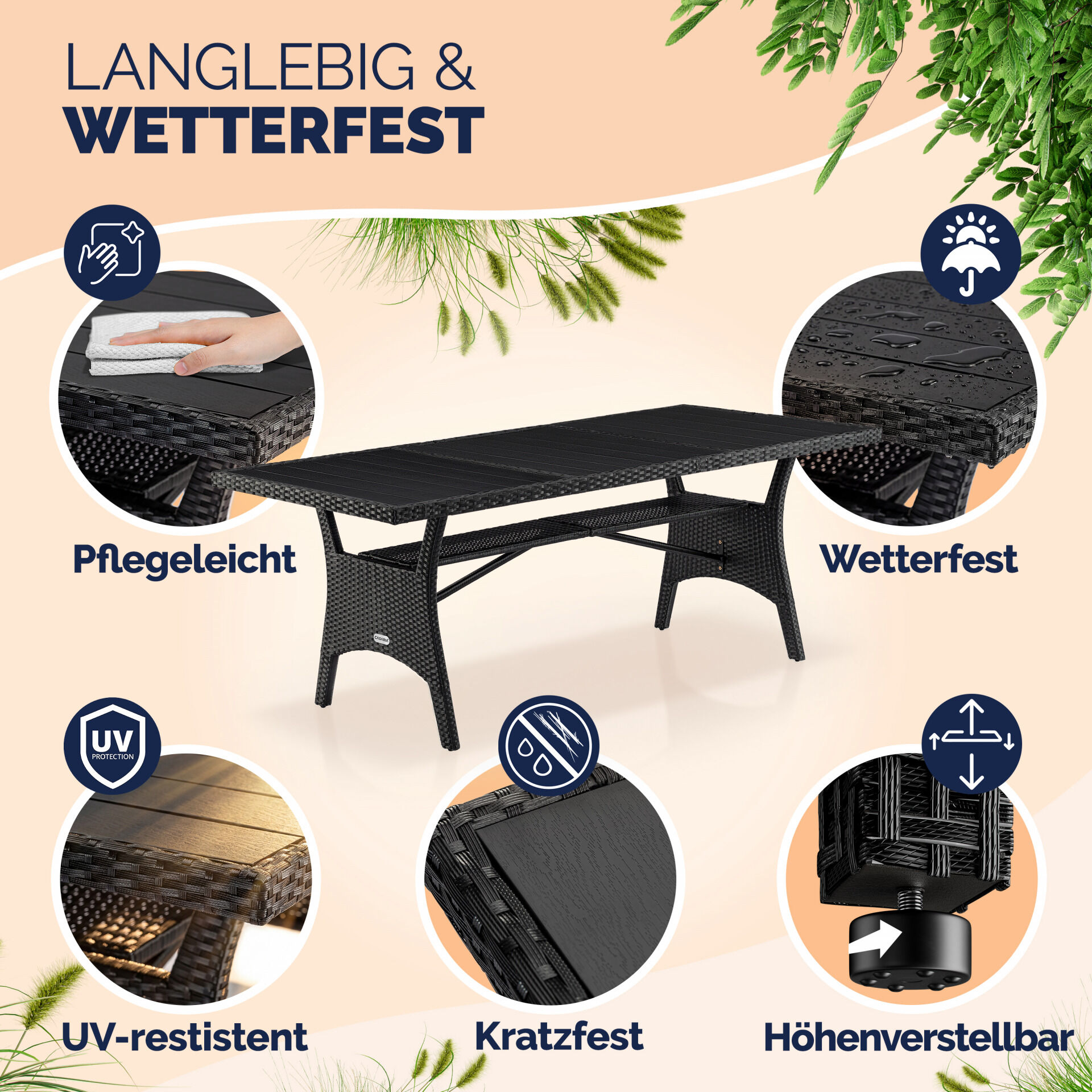 Polyrattan Gartentisch Takeo Schwarz 190x90x75cm WPC