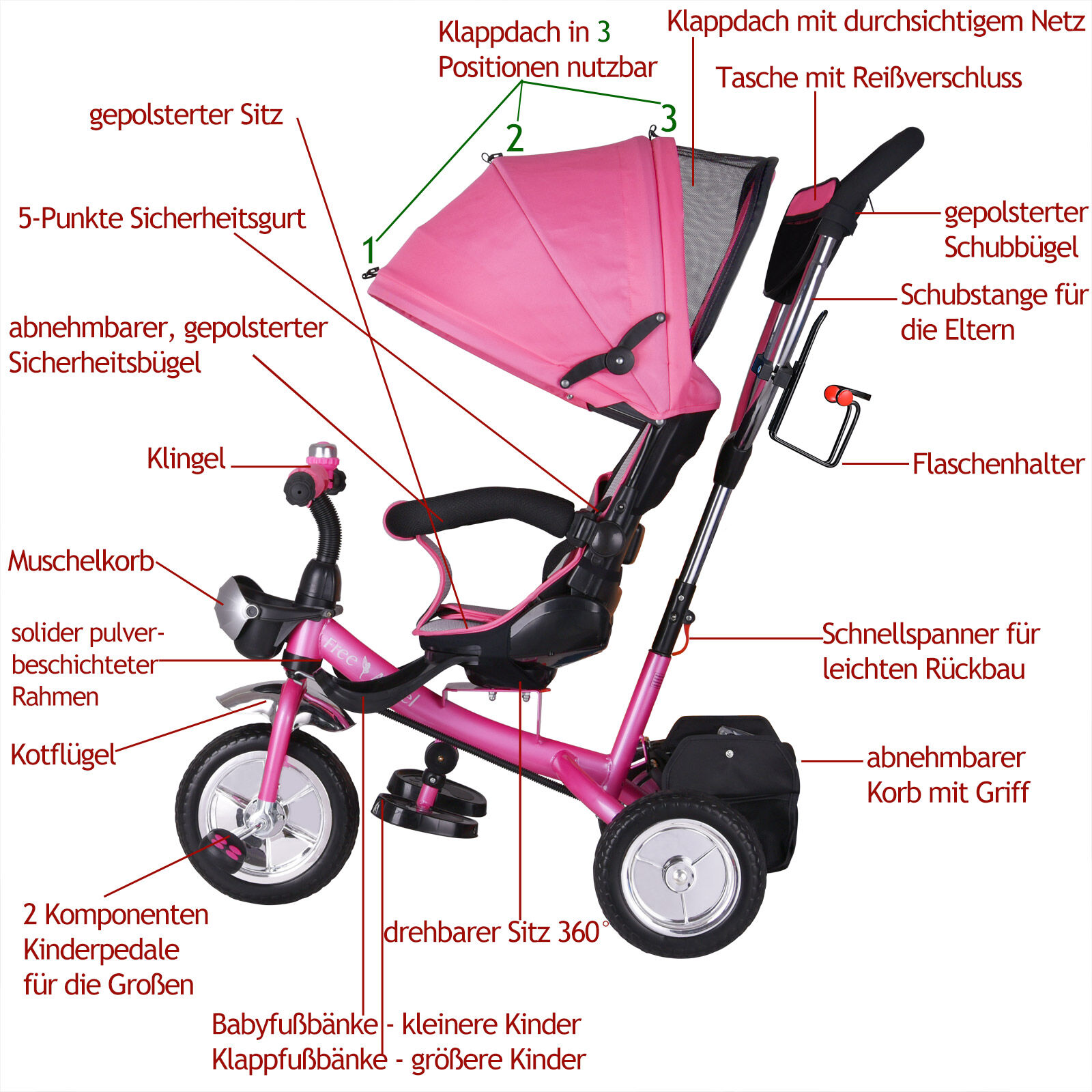 Multifunktionales Kinderdreirad Pink