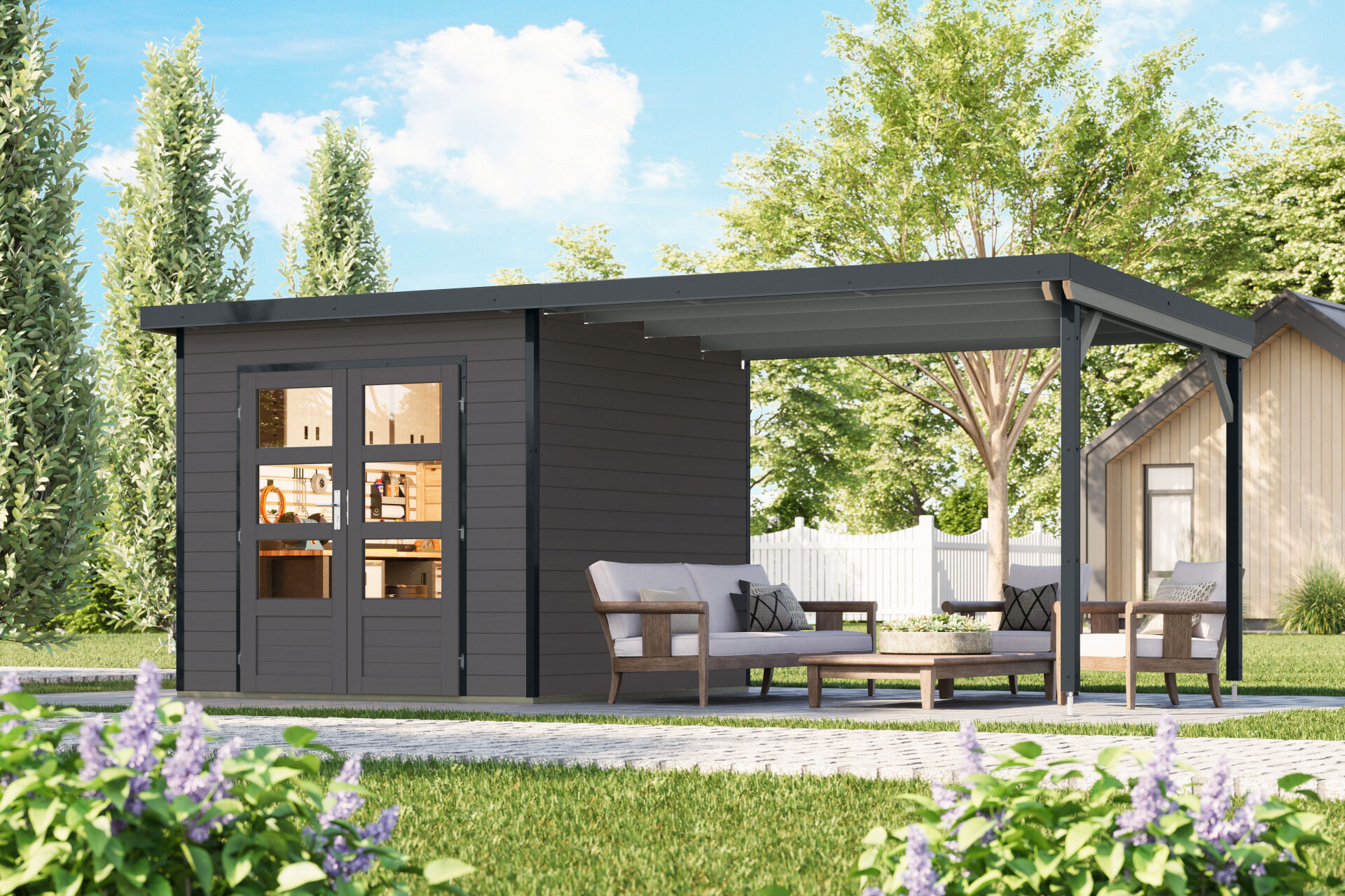 Karibu Pultdach Holz & Metall Gartenhaus Pluto 3 Set mit Anbaudach 3,07 m, naturbelassen / graualuminium