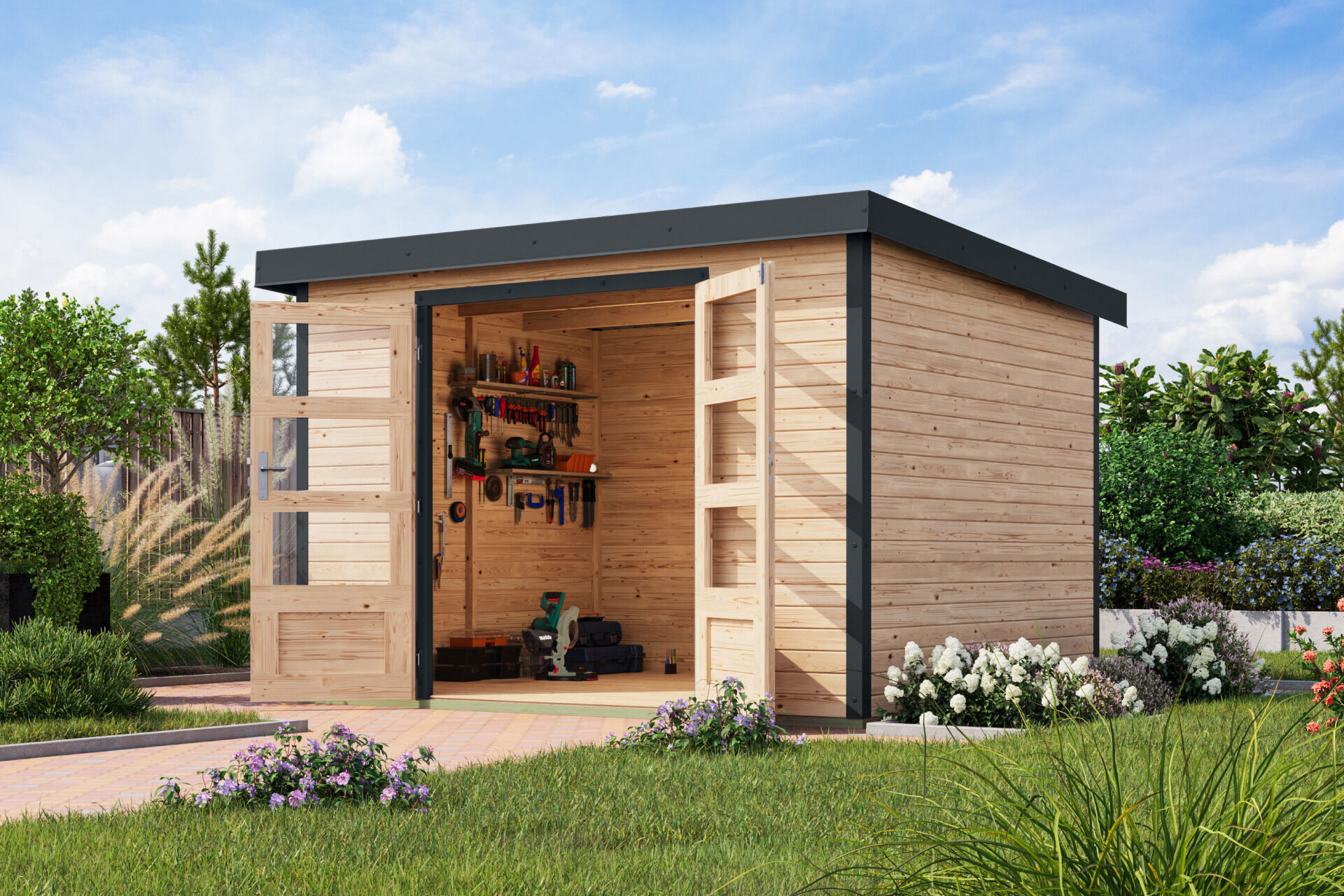 Karibu Pultdach Holz & Metall Gartenhaus Jupiter 5, naturbelassen / graualuminium