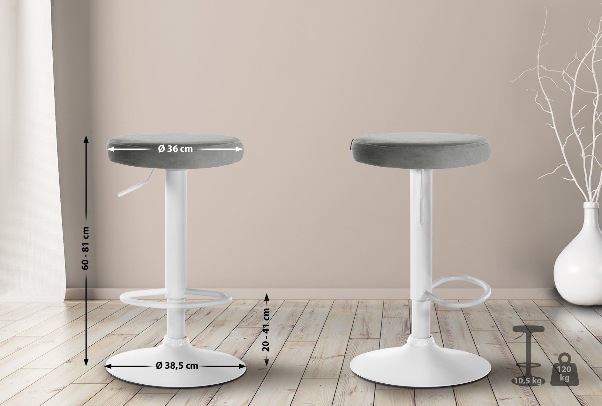 2er Set Barhocker Ponte Samt weiß, grau