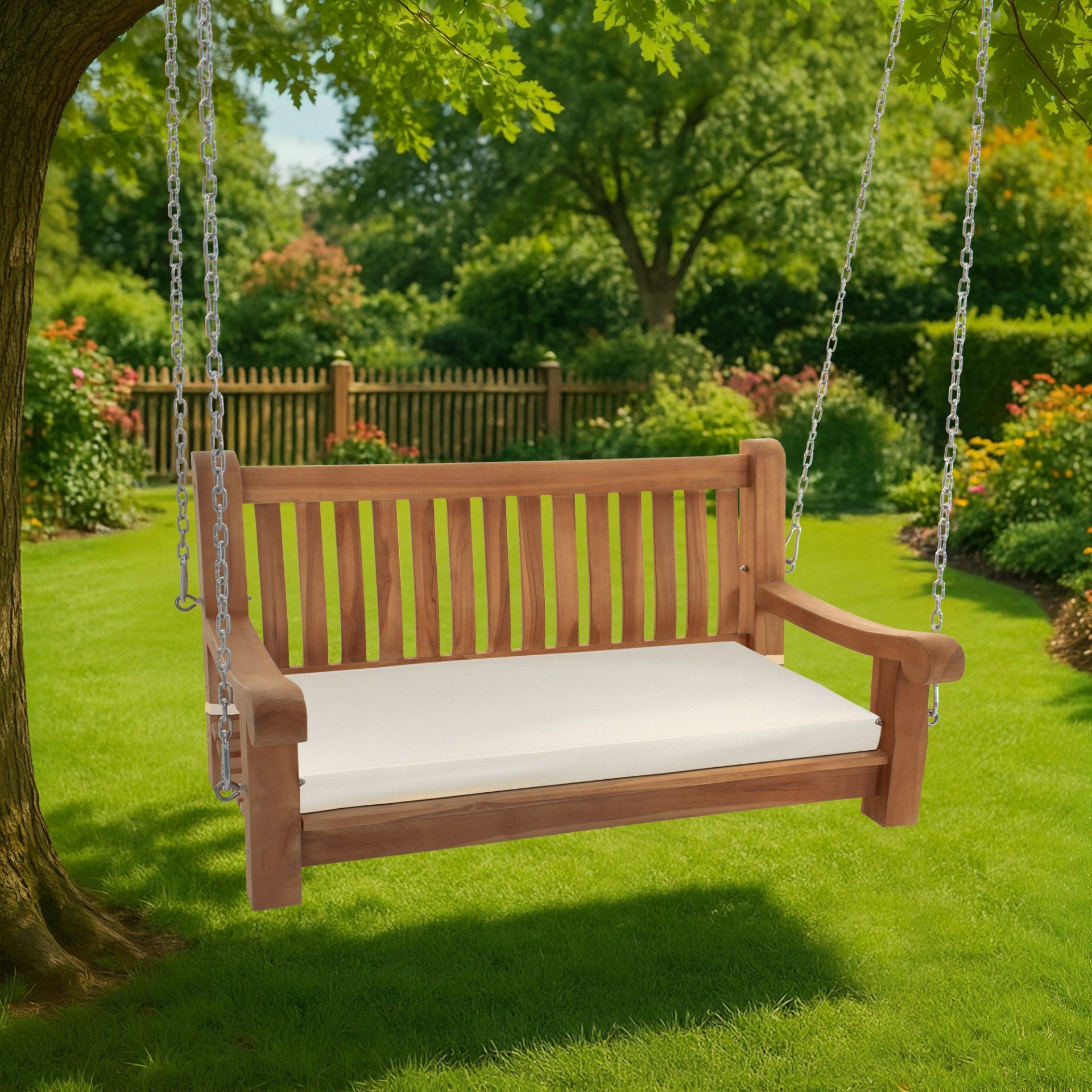 Schaukelbank Joyce mit Sitzkissen 120 cm + teak, creme