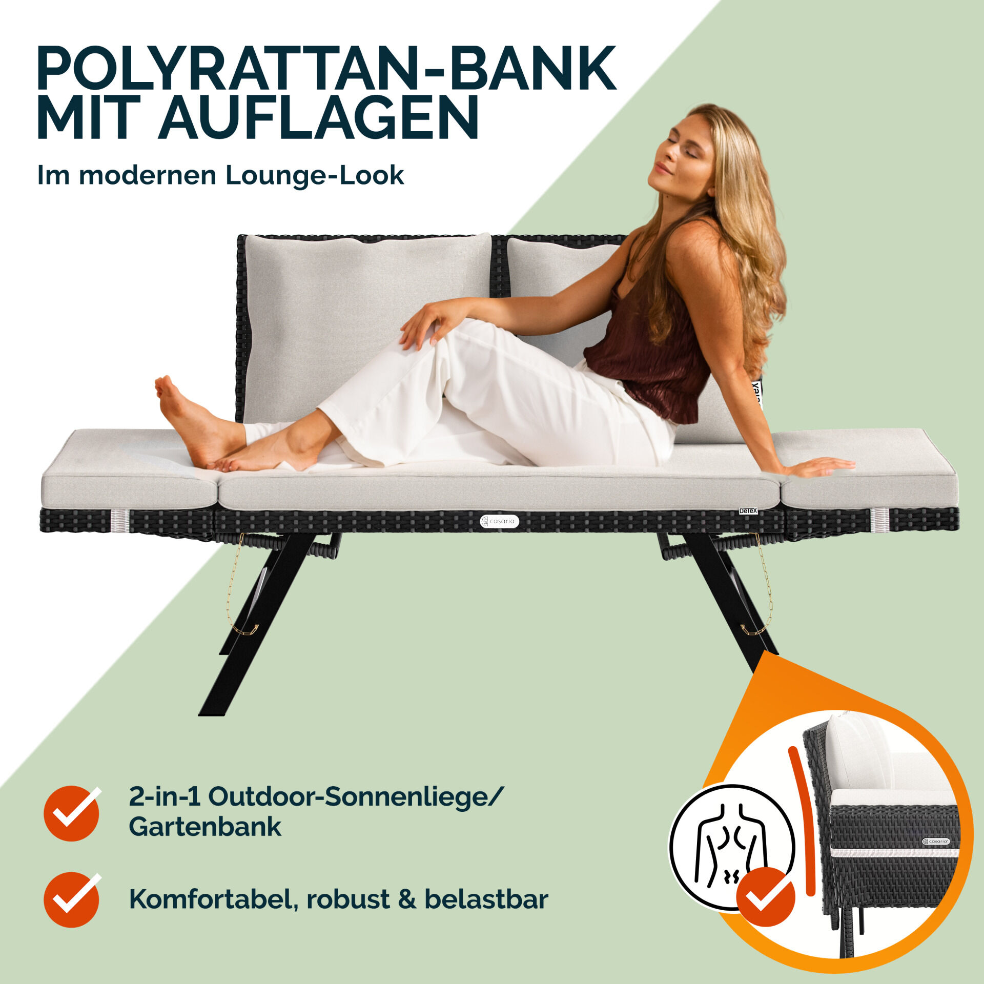 Polyrattan Gartenbank Schwarz/Creme 176x56x81cm