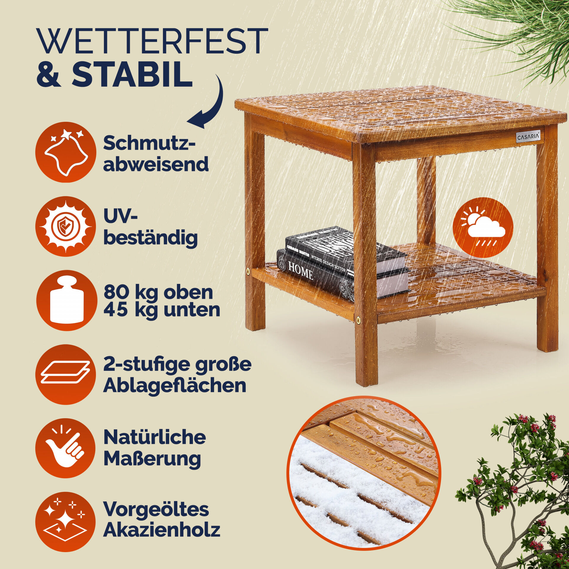 Gartentisch Beistelltisch Akazienholz 45x45x45cm robust bis 80kg 2 Ablagen