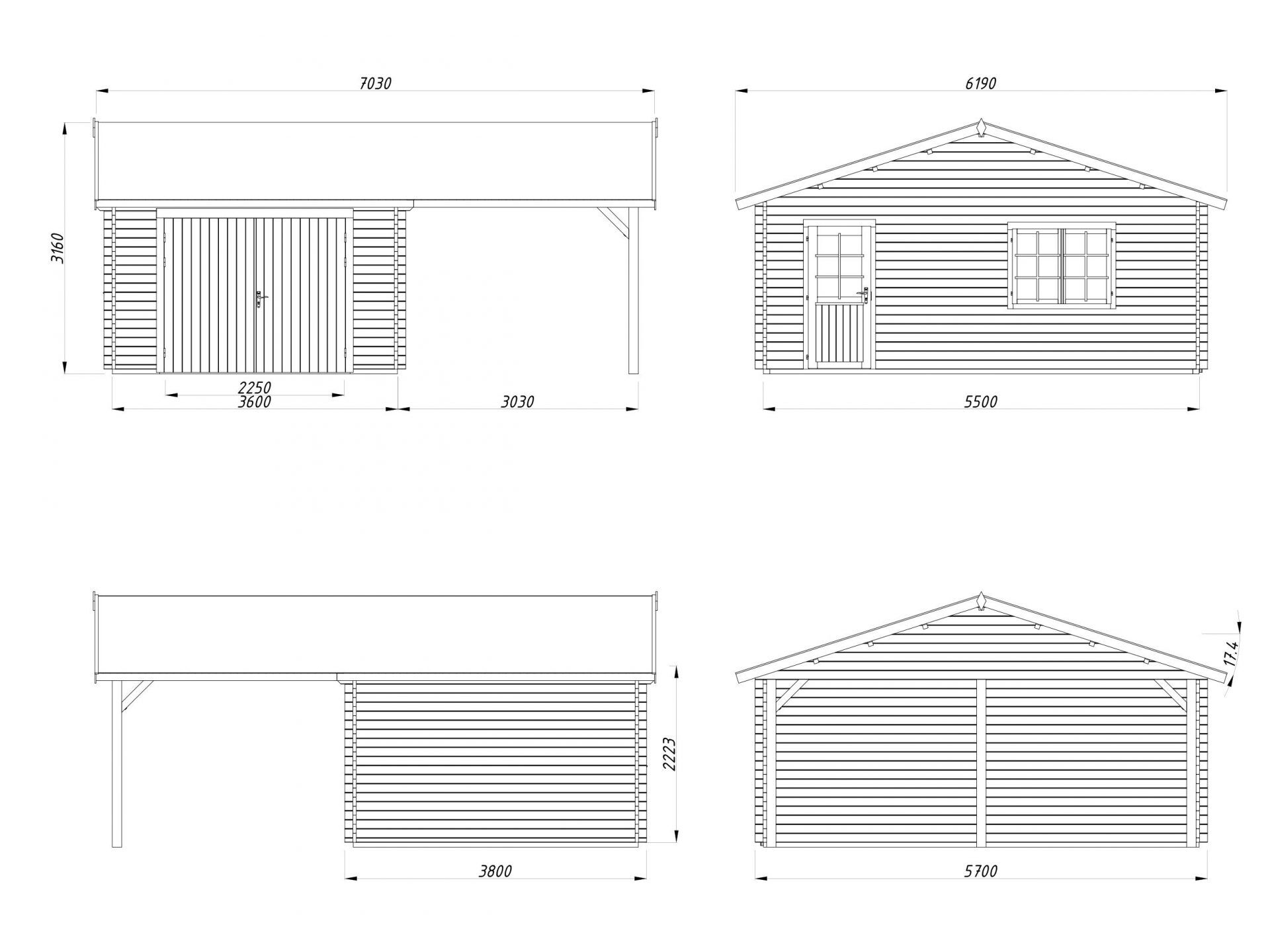 Palmako Holzgarage Roger 19,0+16,2 m2 mit Holztor