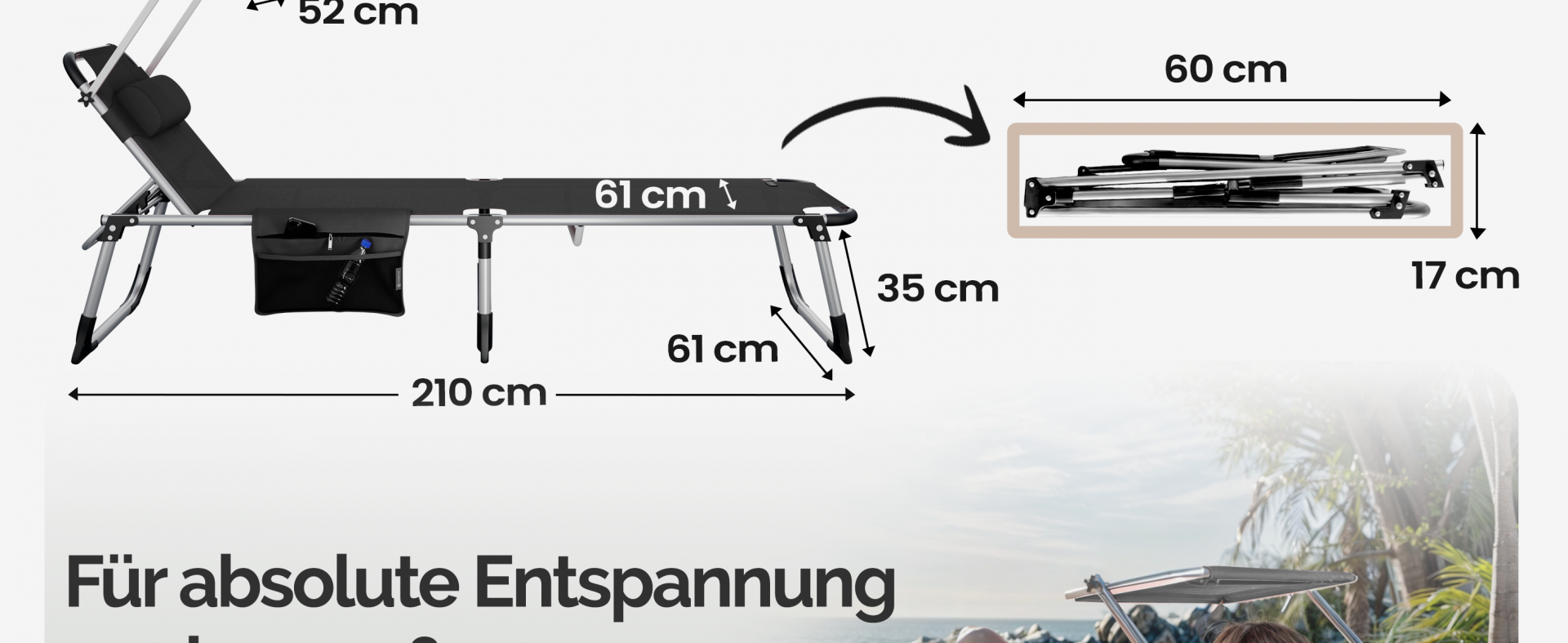 Gartenliege Malta Anthrazit 210x61x35cm Alu Sonnendach