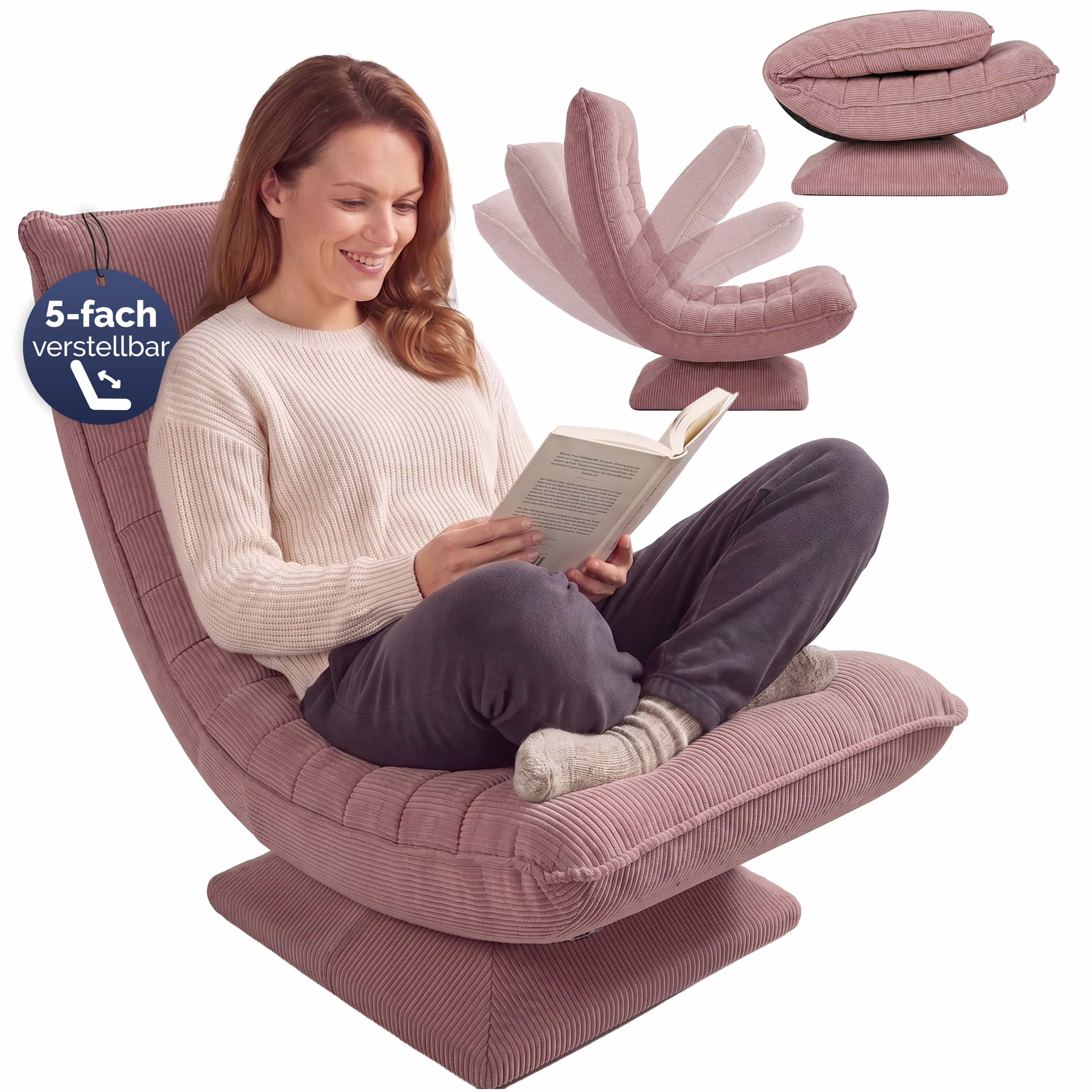 Sessel Aberdeen Dunkelpink Cord 5fach verstellbar 360 Grad drehbar klappbar