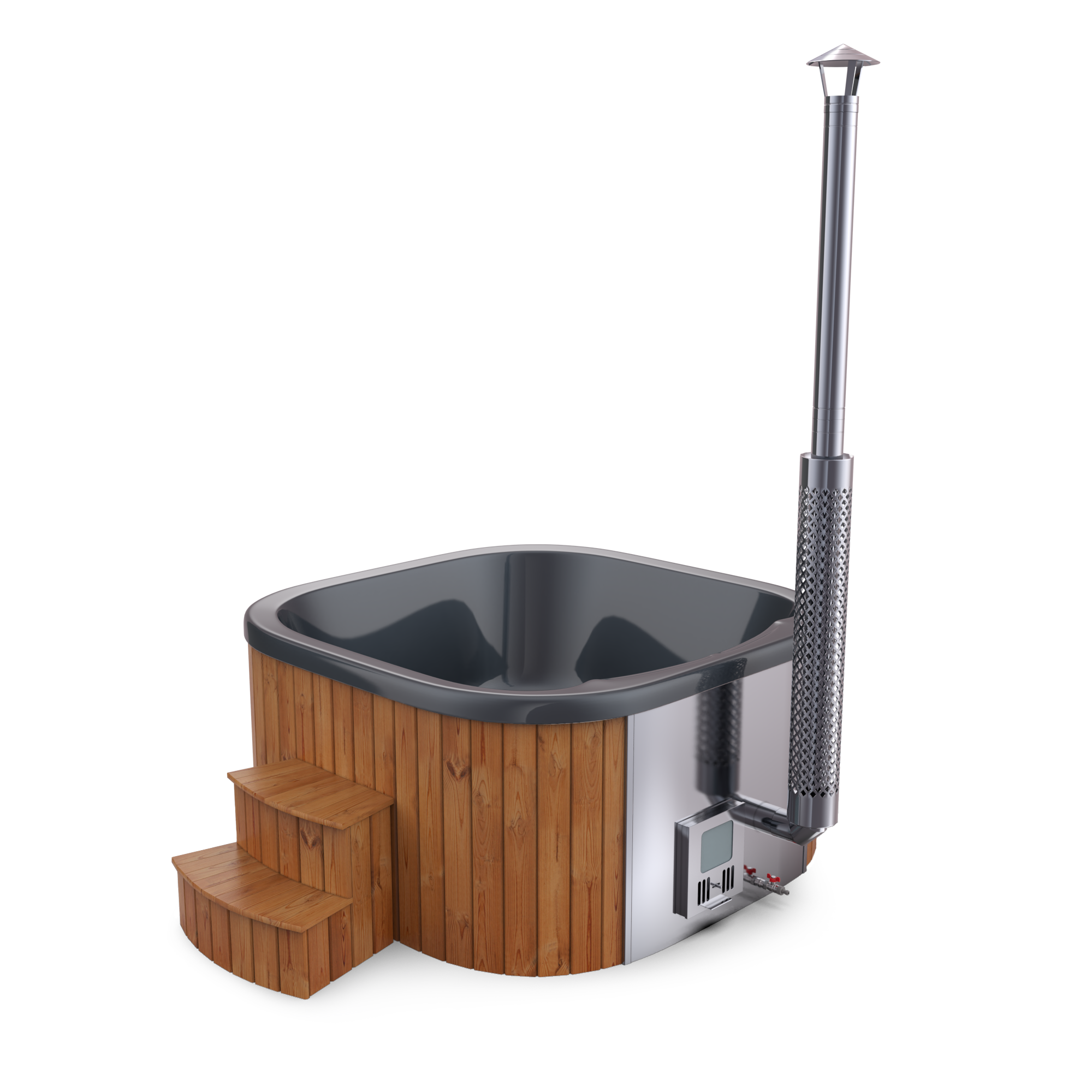SPANOVA Hottub Quadratisch 200 Thermoholz – Premium Badefass mit integriertem Holz Ofen & Acryl-Einsatz gr freigestellt