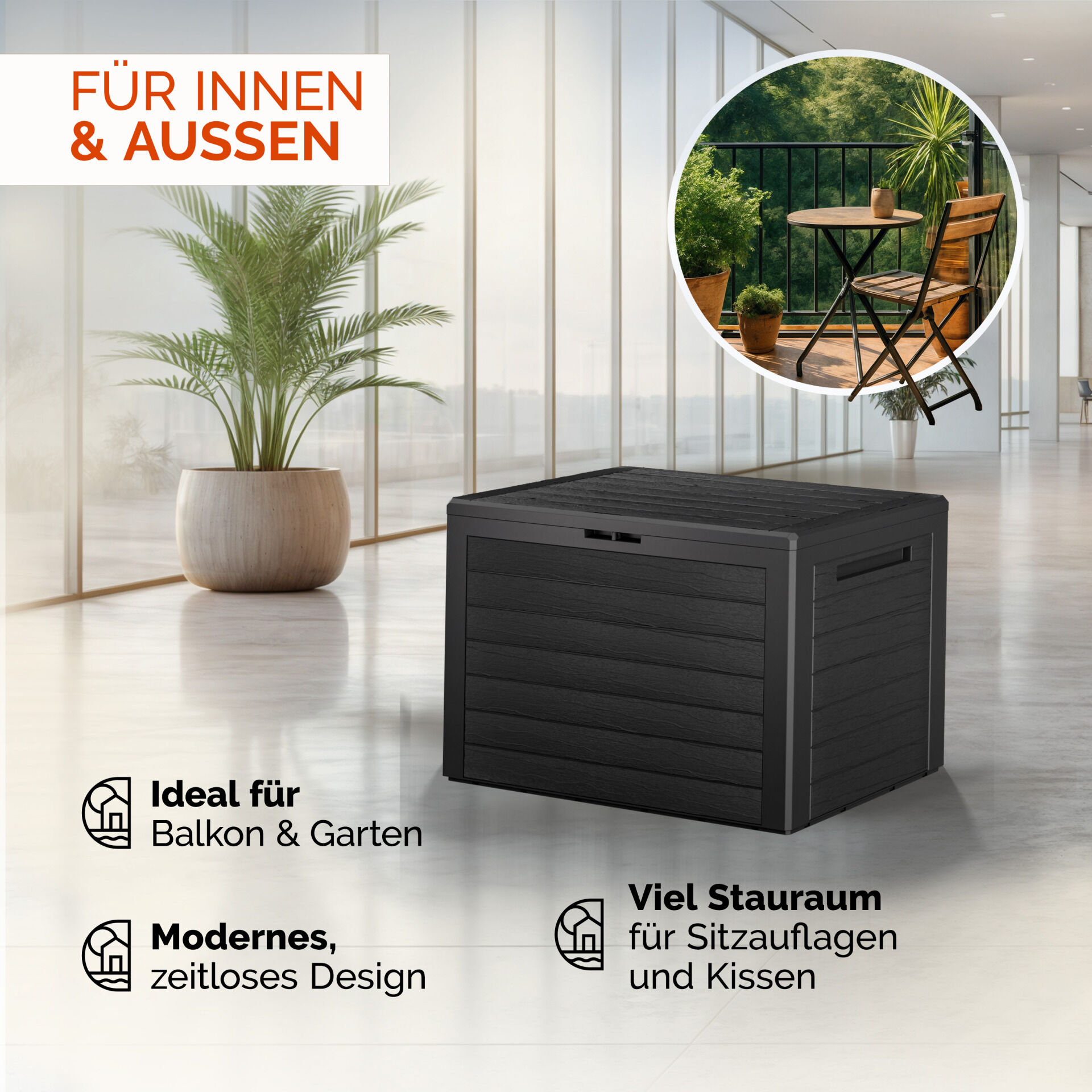 Gartenbox Lille 190L Anthrazit in Holzoptik wetterfest abschließbar