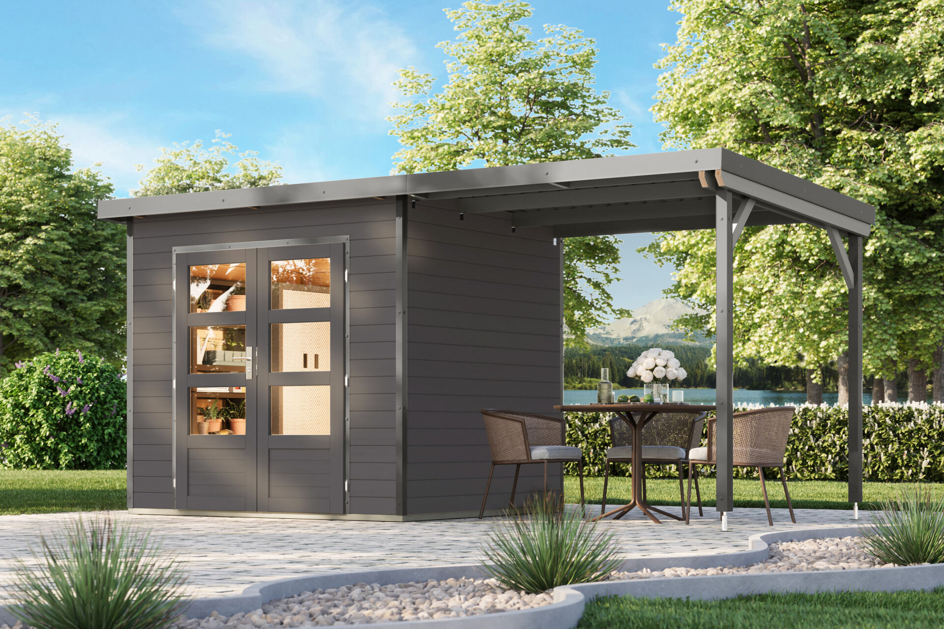 Karibu Pultdach Holz & Metall Gartenhaus Pluto 2 Set mit Anbaudach 2,33 m, naturbelassen / graualuminium