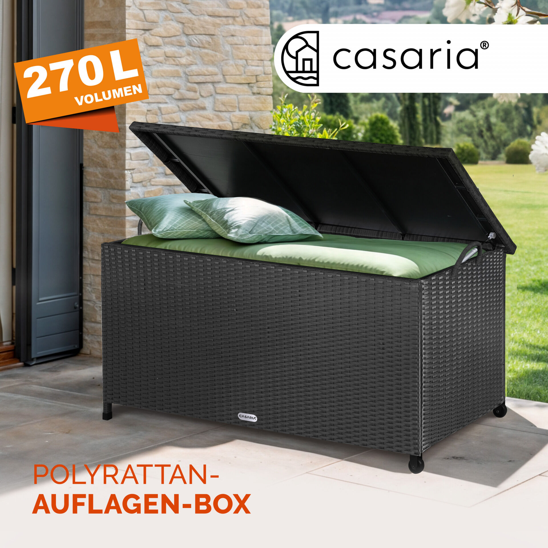 Gartenbox Polyrattan Schwarz 117x53x60cm mit Griffen + Rollen