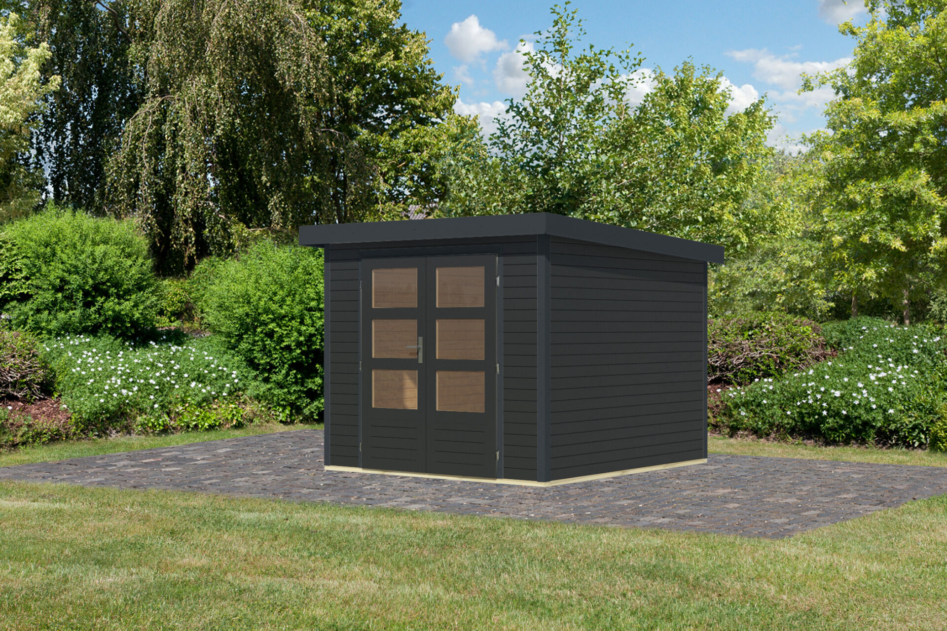 Karibu Pultdach Holz & Metall Gartenhaus Jupiter 3,5, naturbelassen / graualuminium