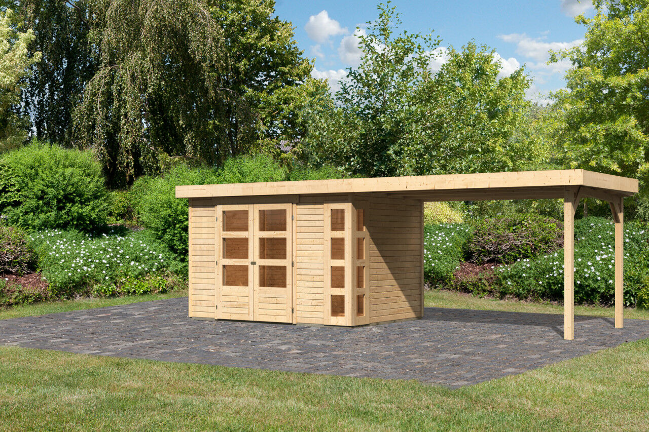 Flachdach Gartenhaus Kerko 4 im Set mit Anbaudach 2,80 m natur